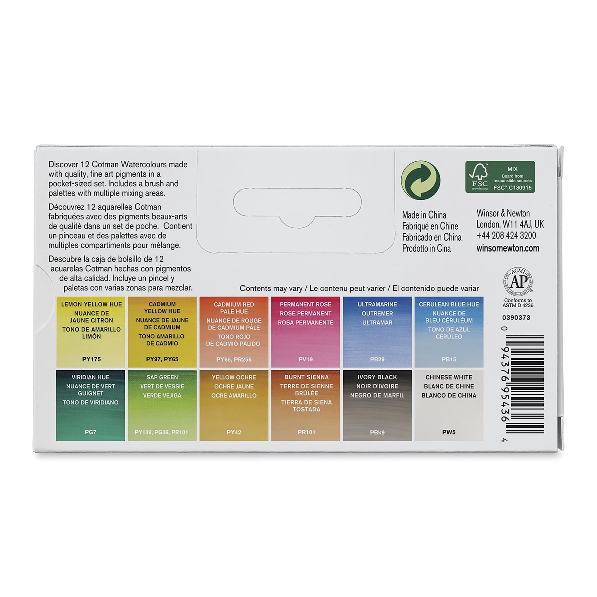 Winsor & Newton Cotman Watercolor Set - Palette Pocket Set, Set of 12, Assorted Colors, Half Pans (Back of packaging)