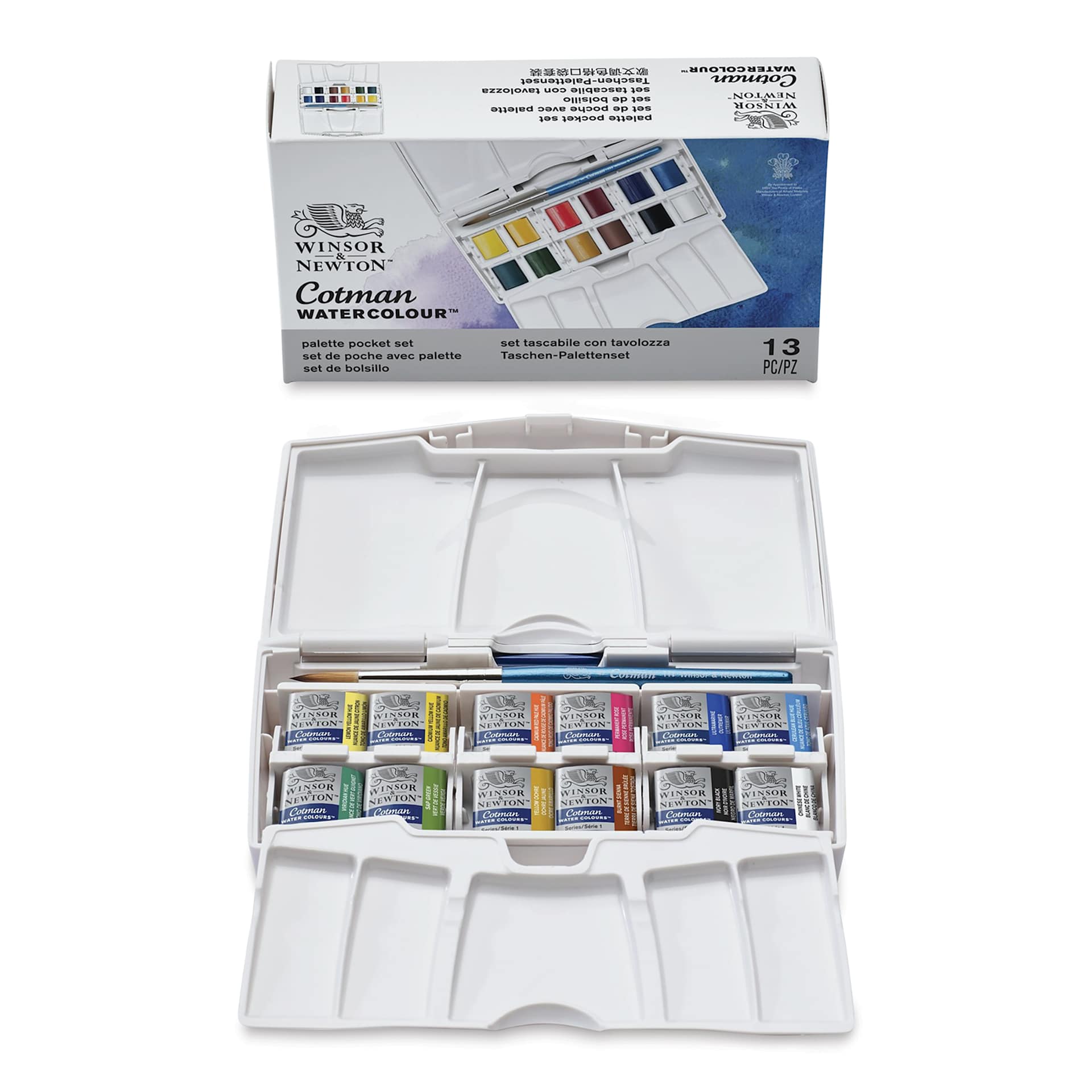 Winsor & Newton Cotman Watercolor Set - Palette Pocket Set, Set of 12, Assorted Colors, Half Pans (Front of packaging shown with open set)