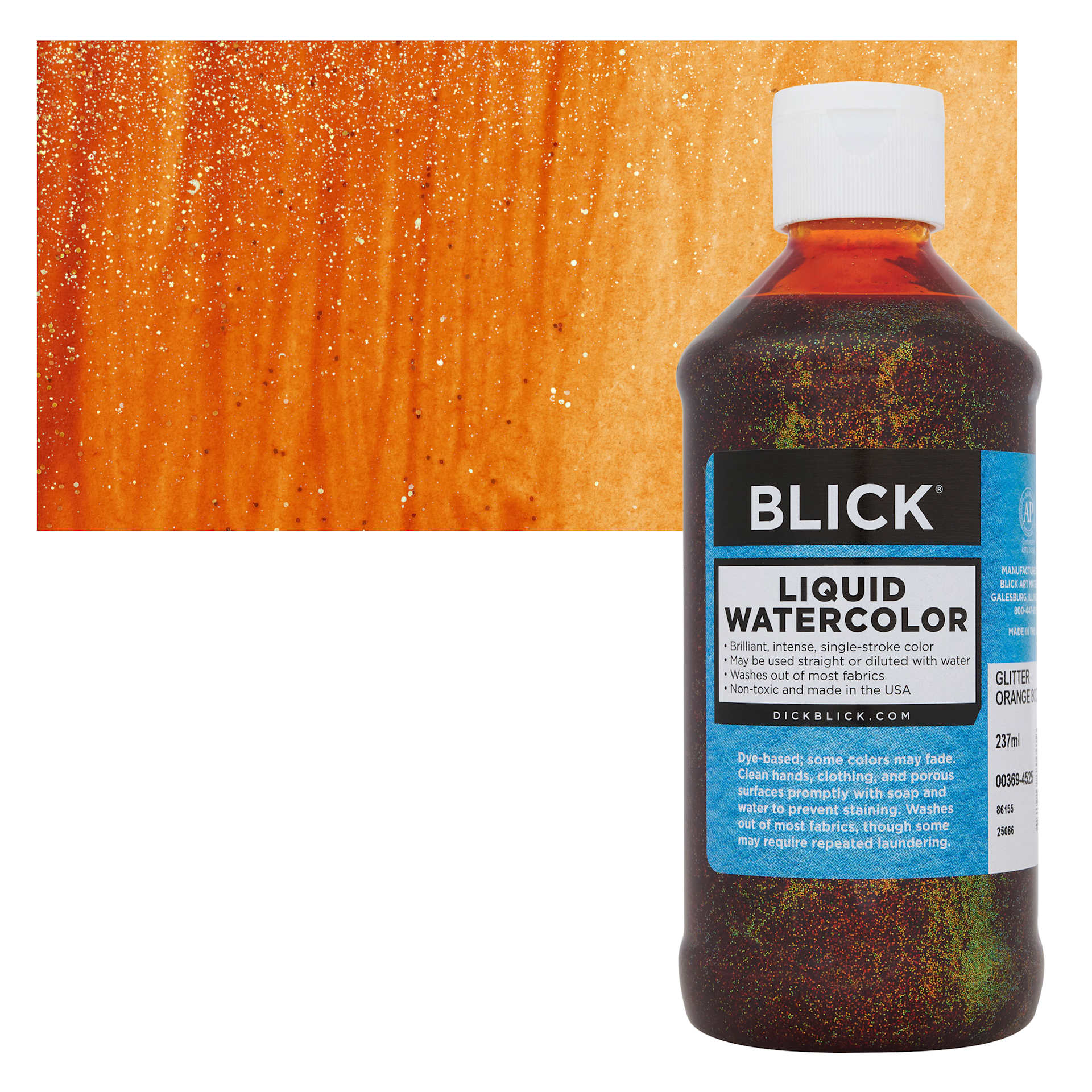 Blick Liquid Watercolors - Glitter Orange, 8 oz bottle and swatch