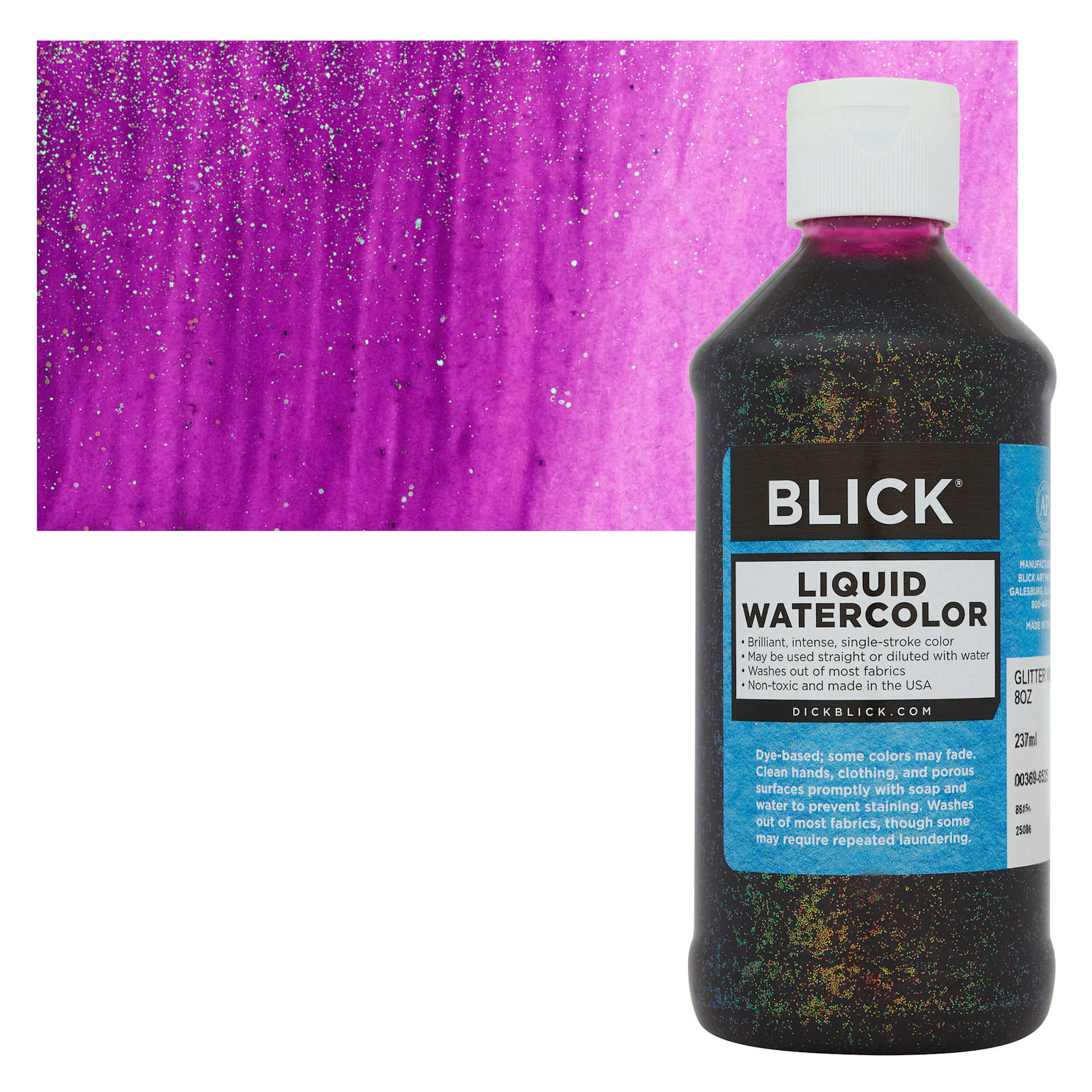 Blick Liquid Watercolors - Glitter Violet, 8 oz bottle and swatch