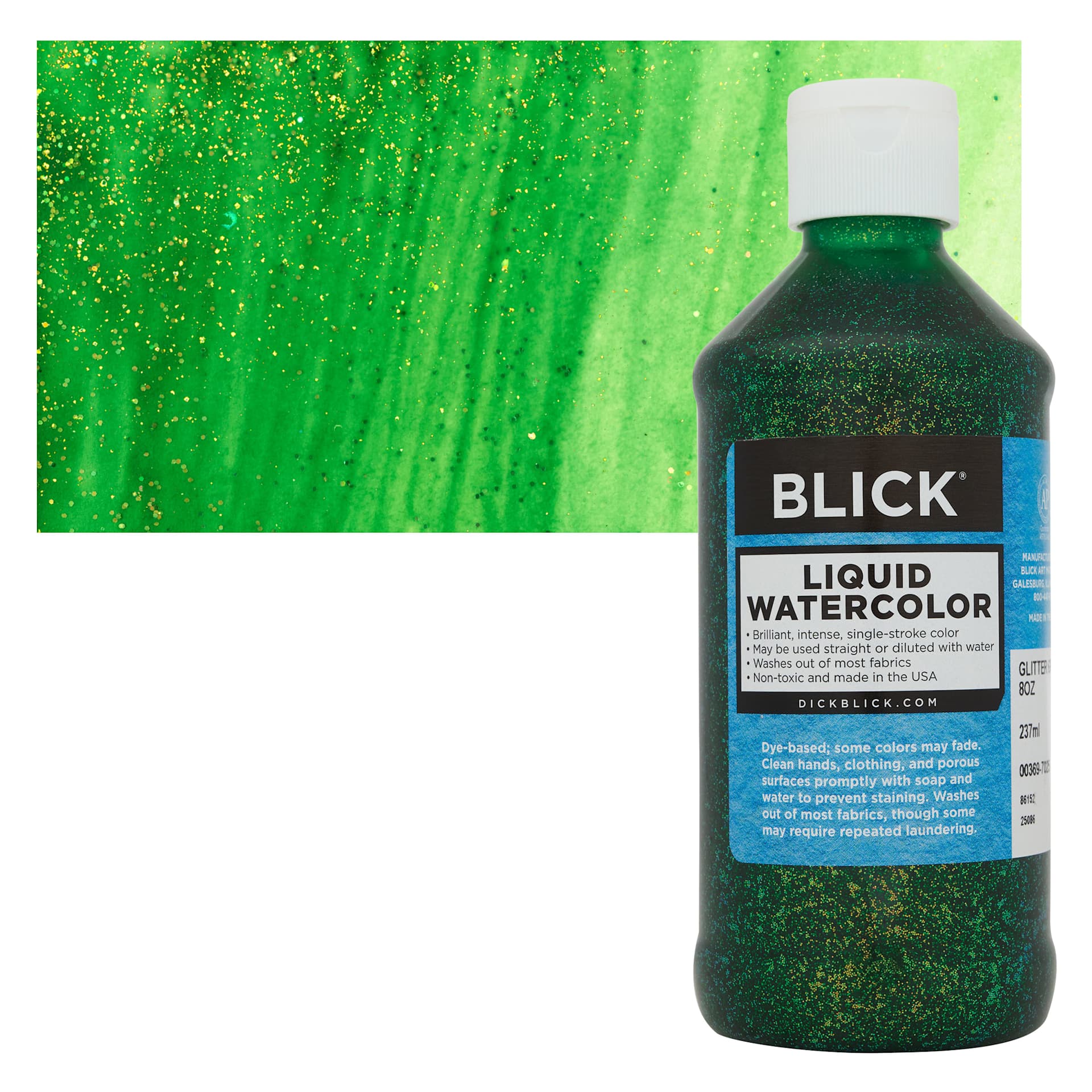 Blick Liquid Watercolors - Glitter Green, 8 oz bottle and swatch