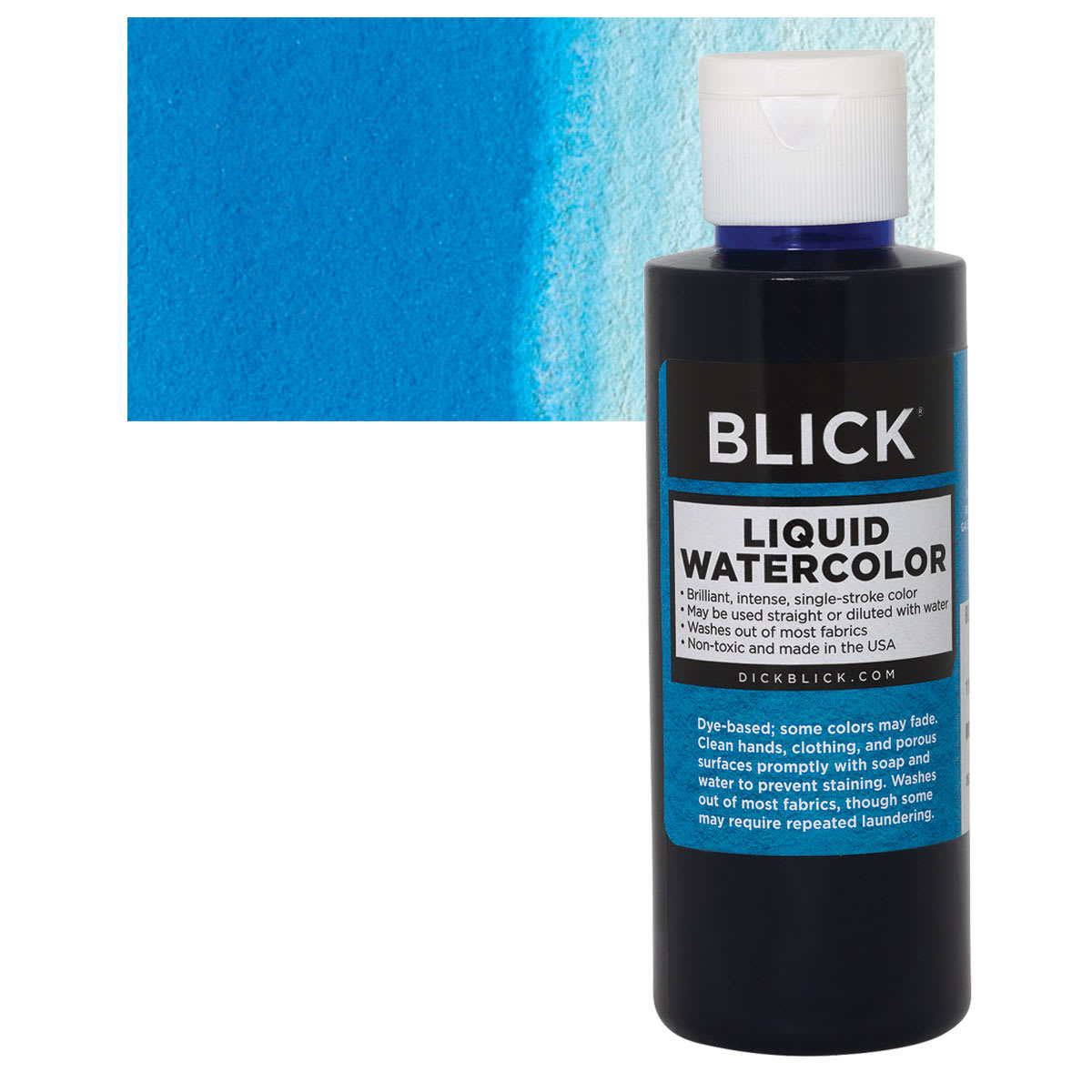 Blick Liquid Watercolor - Blue, 4 oz bottle and swatch