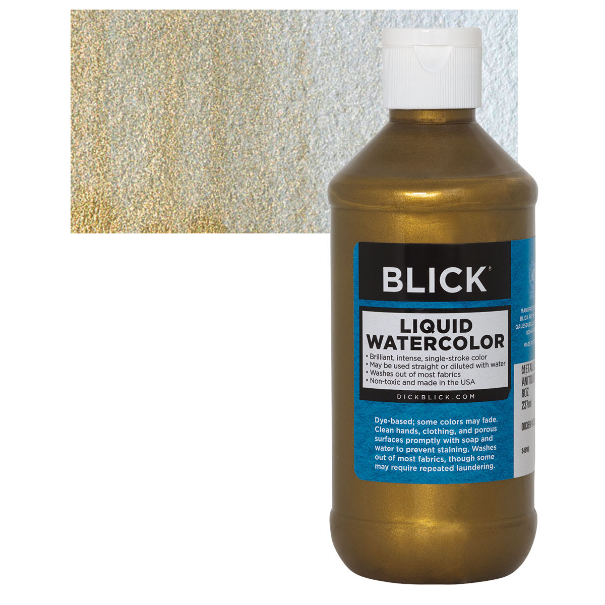 Blick Liquid Watercolor - Metallic Antique Gold, 8 oz bottle and swatch