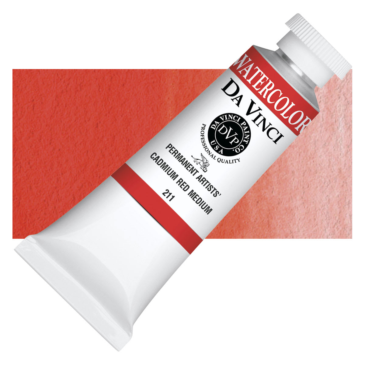 Da Vinci Artists' Permanent Watercolor - Cadmium Red Medium, 37 ml tube and swatch