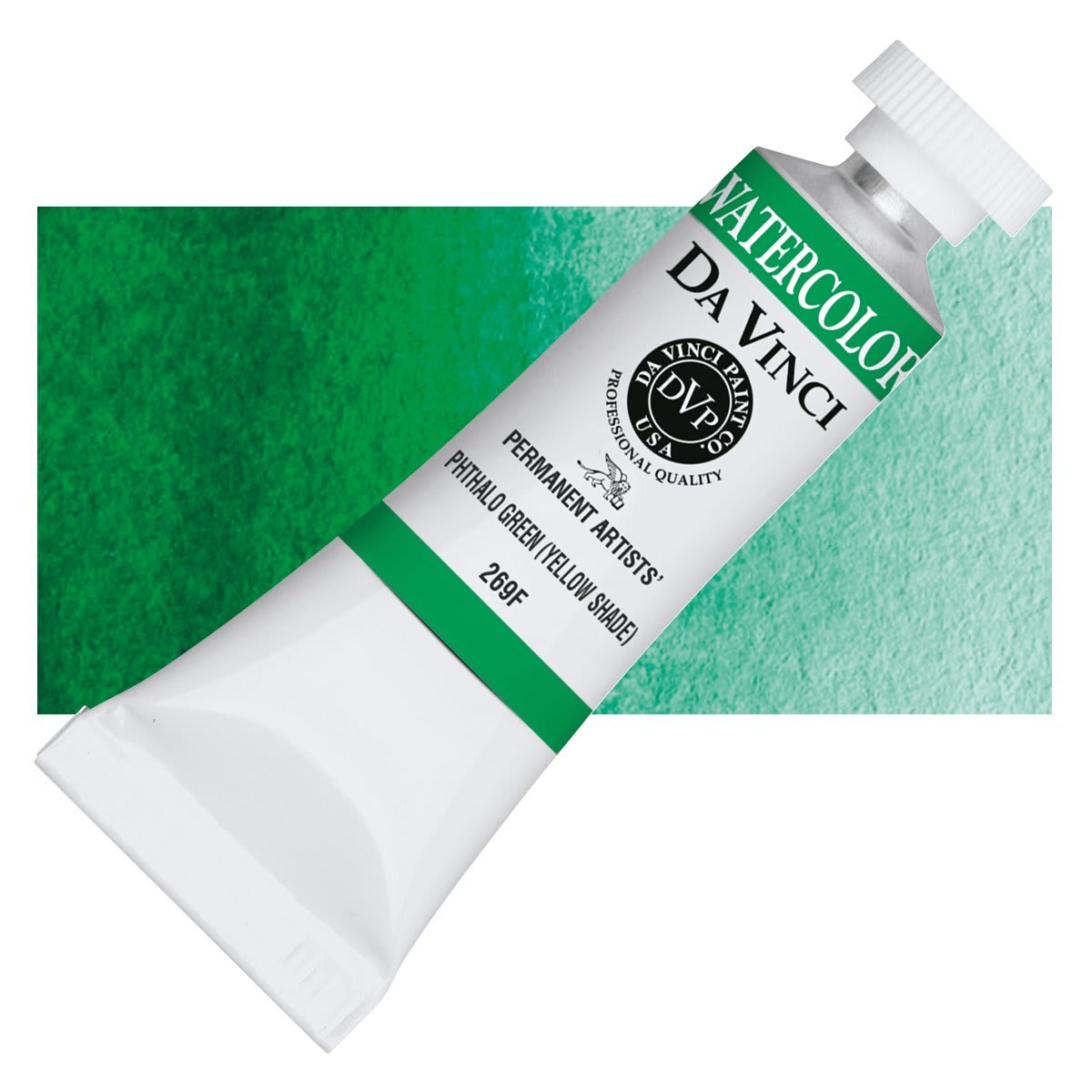 Da Vinci Artists' Permanent Watercolor - Phthalo Green (Yellow Shade), 15 ml tube and swatch