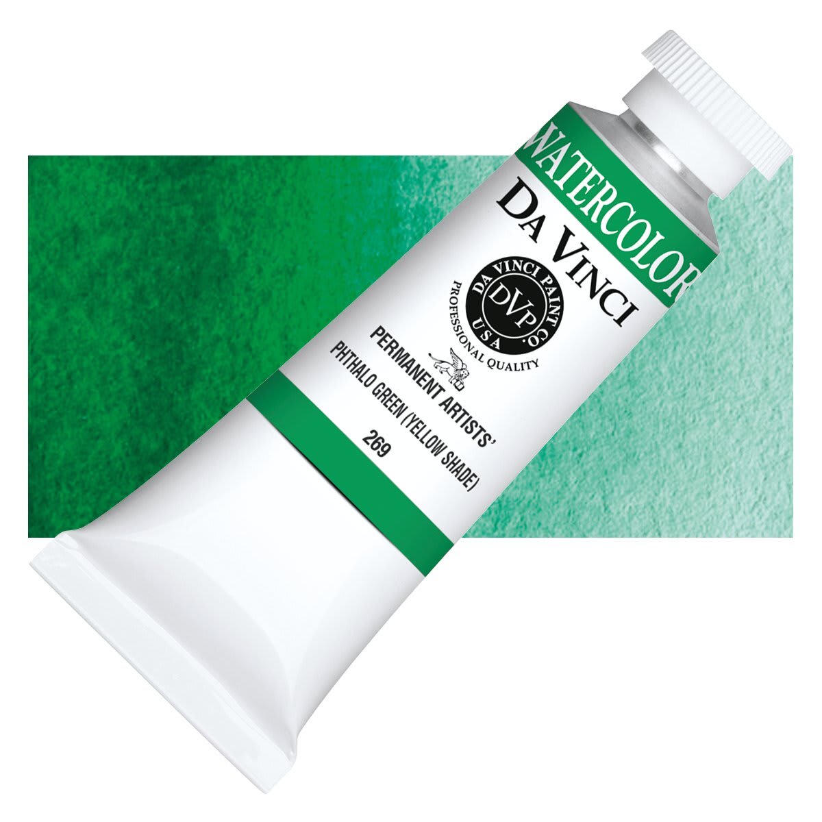Da Vinci Artists' Permanent Watercolor - Phthalo Green (Yellow Shade), 37 ml tube and swatch