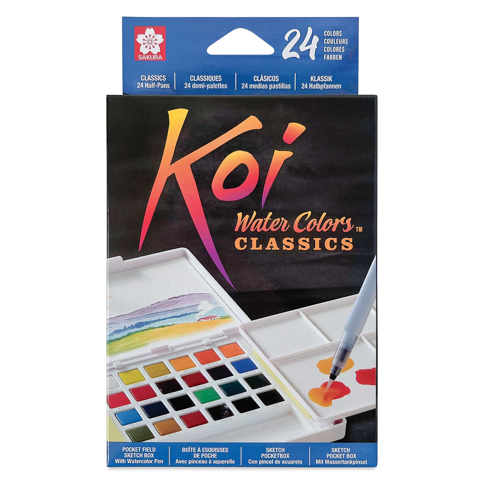 Sakura Koi Watercolor Half Pan - Set of 24 Sketch Box, Assorted Colors box front