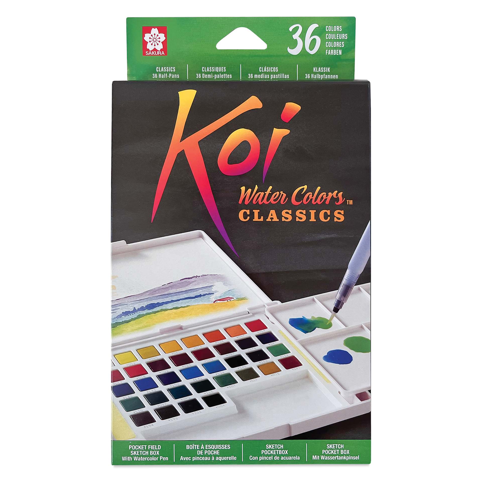 Sakura Koi Watercolor Half Pan - Set of 36 Sketch Box, Assorted Colors box front