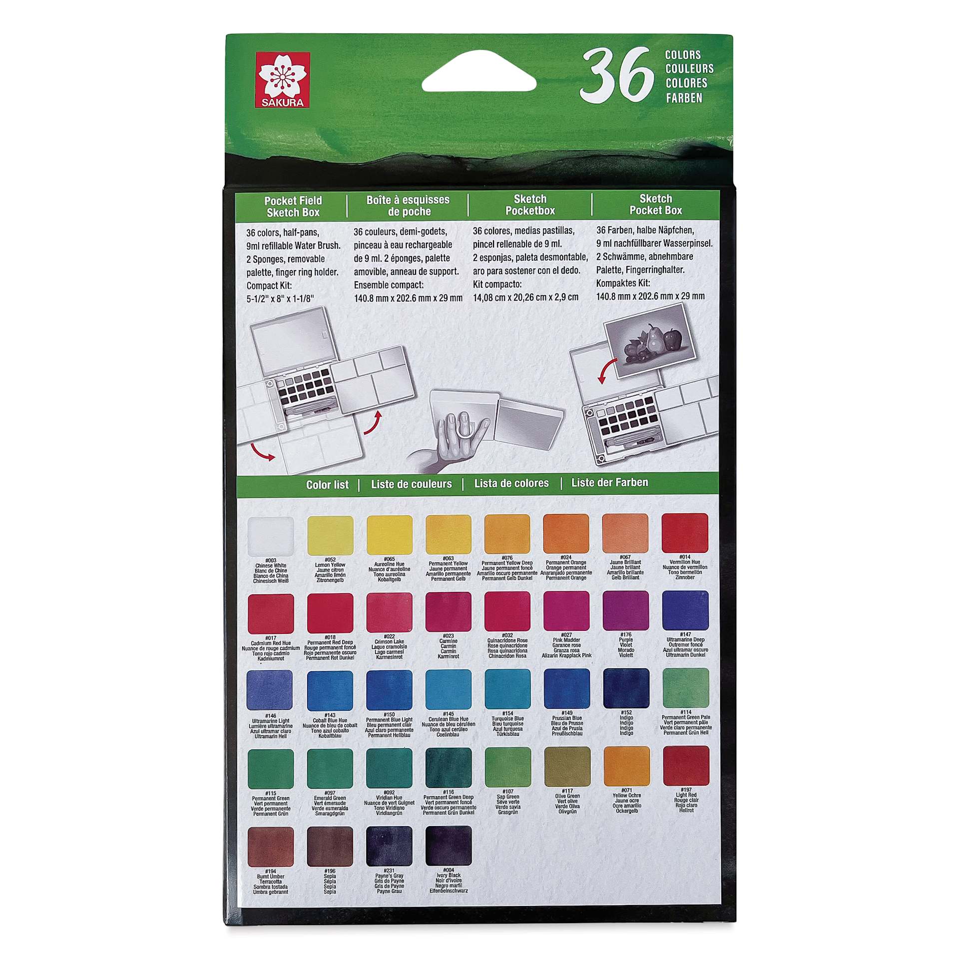 Sakura Koi Watercolor Half Pan - Set of 36 Sketch Box, Assorted Colors box back