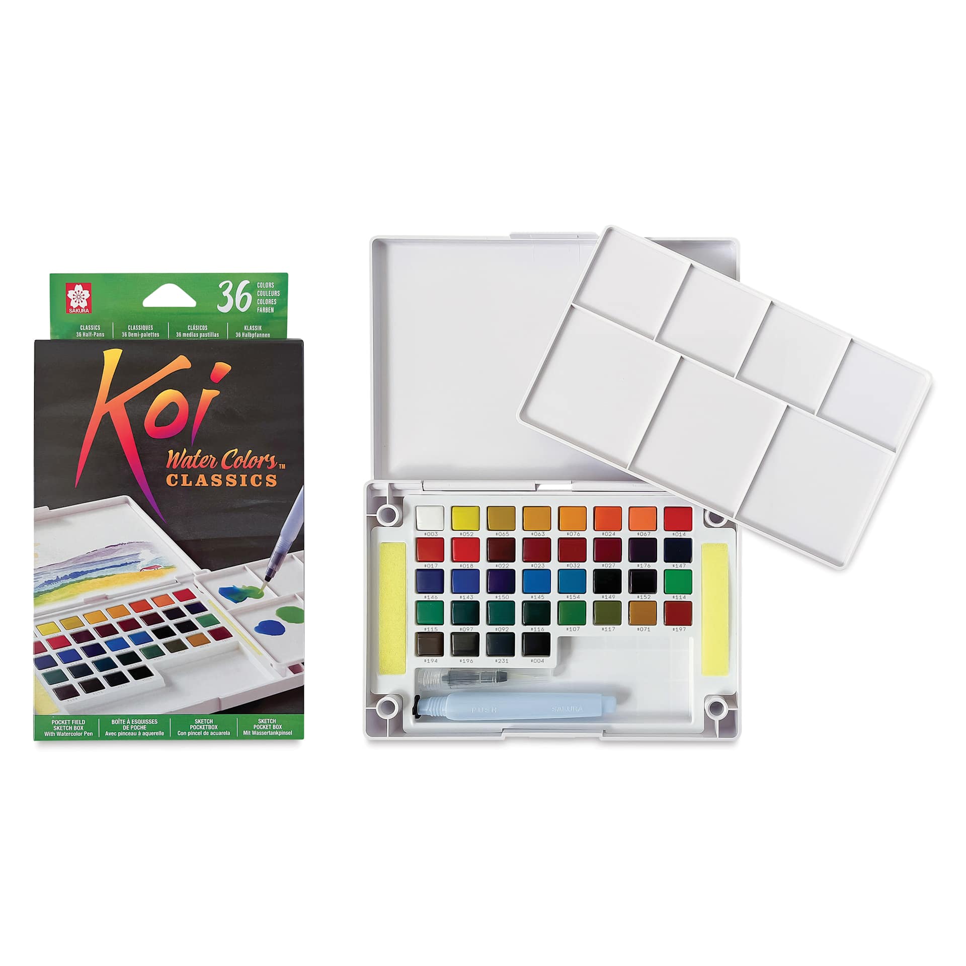 Sakura Koi Watercolor Half Pan - Set of 36 Sketch Box, Assorted Colors box front beside open set