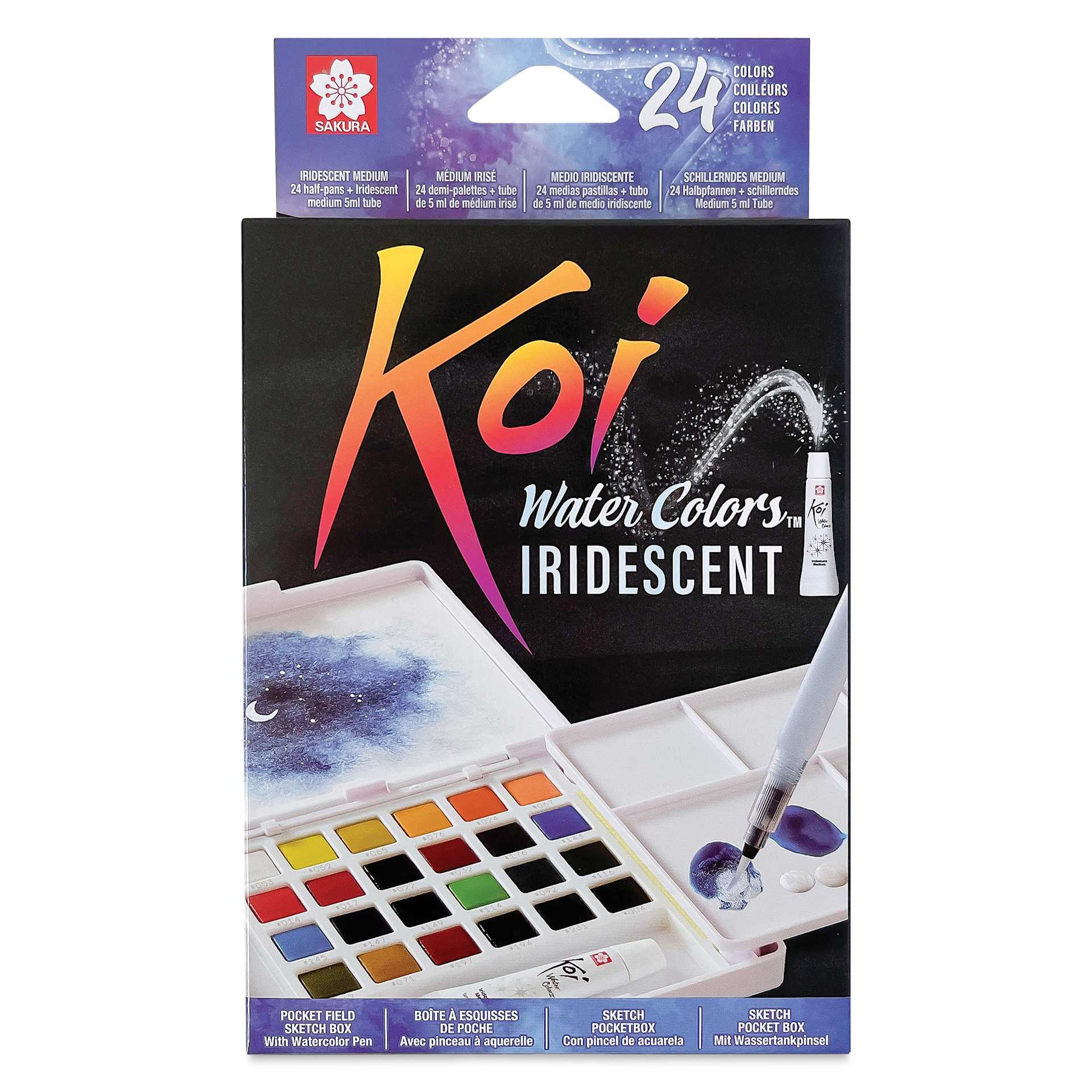 Sakura Koi Watercolor Half Pan - Set of 24 Sketch Box, Assorted Colors with Iridescent Medium box front