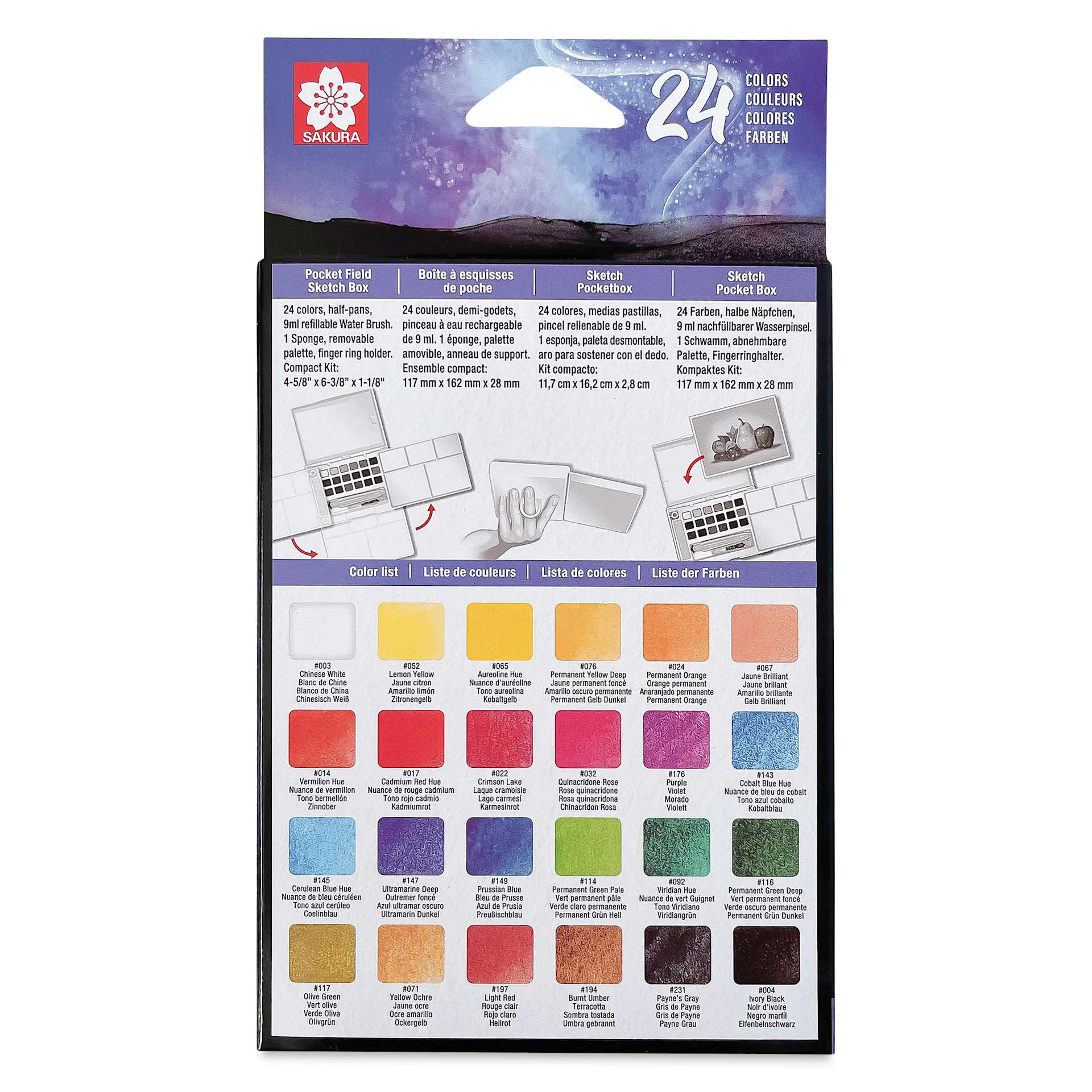 Sakura Koi Watercolor Half Pan - Set of 24 Sketch Box, Assorted Colors with Iridescent Medium box back