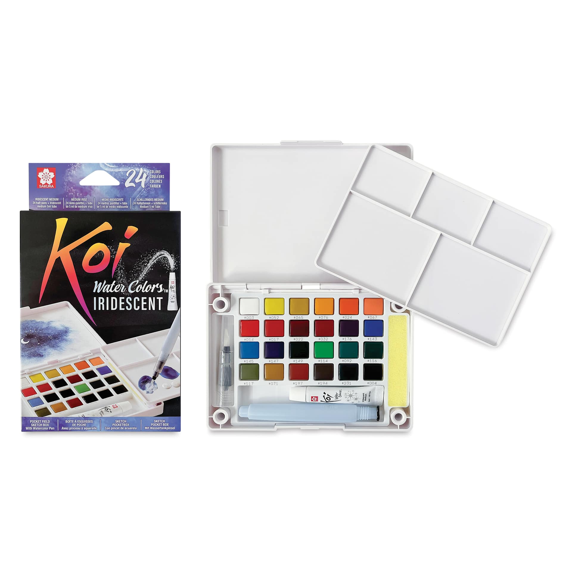 Sakura Koi Watercolor Half Pan - Set of 24 Sketch Box, Assorted Colors with Iridescent Medium box front beside open set