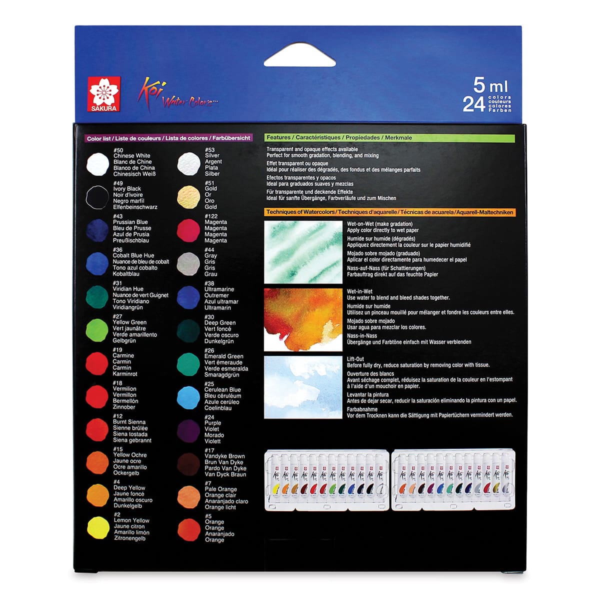 Sakura Koi Watercolor - Set of 24, Assorted Colors, 5 ml, Tubes (Back of packaging)