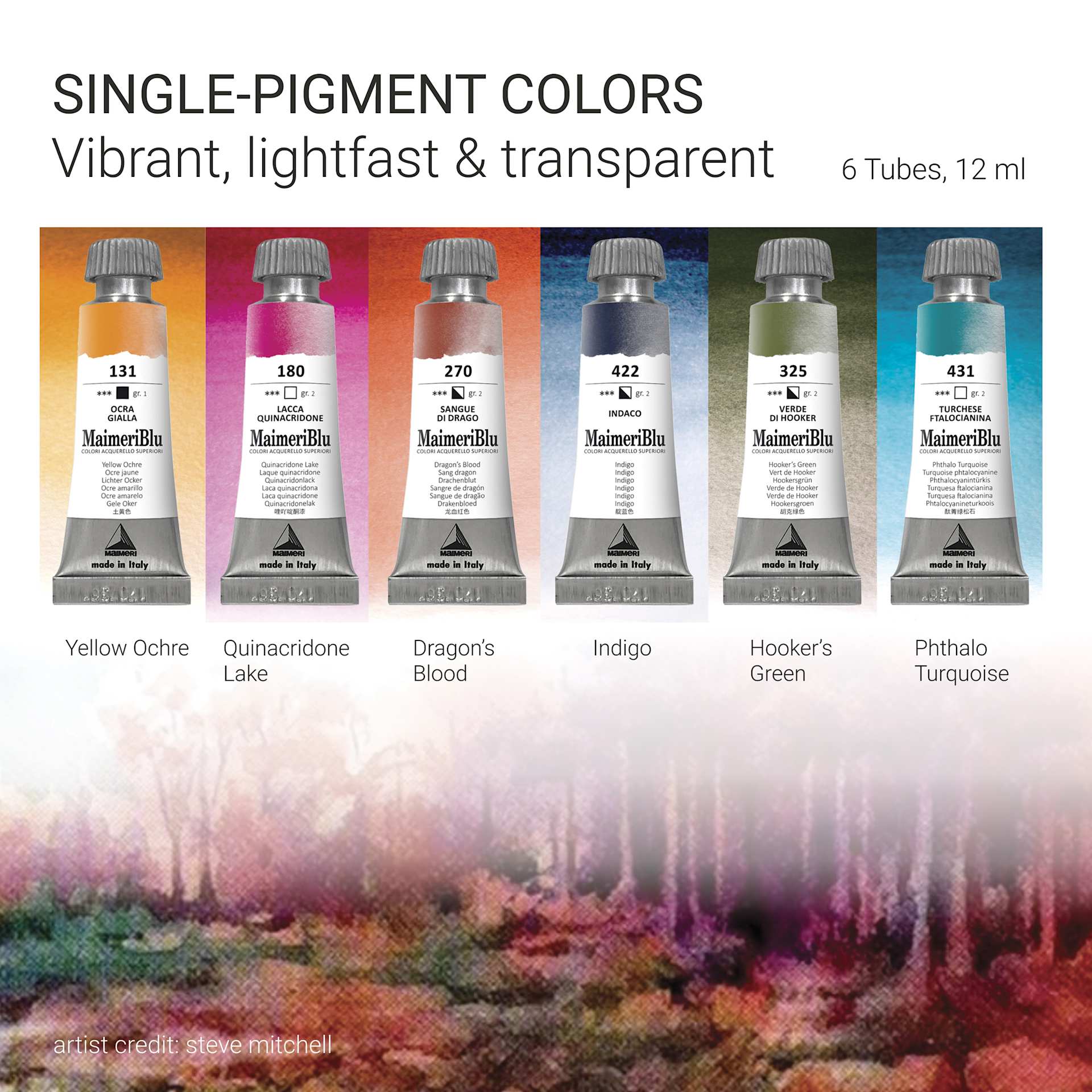 Maimeri Blu Artist Watercolor - Set of 6, Steve Mitchell Colors, 12 ml Tubes includes single pigment colors