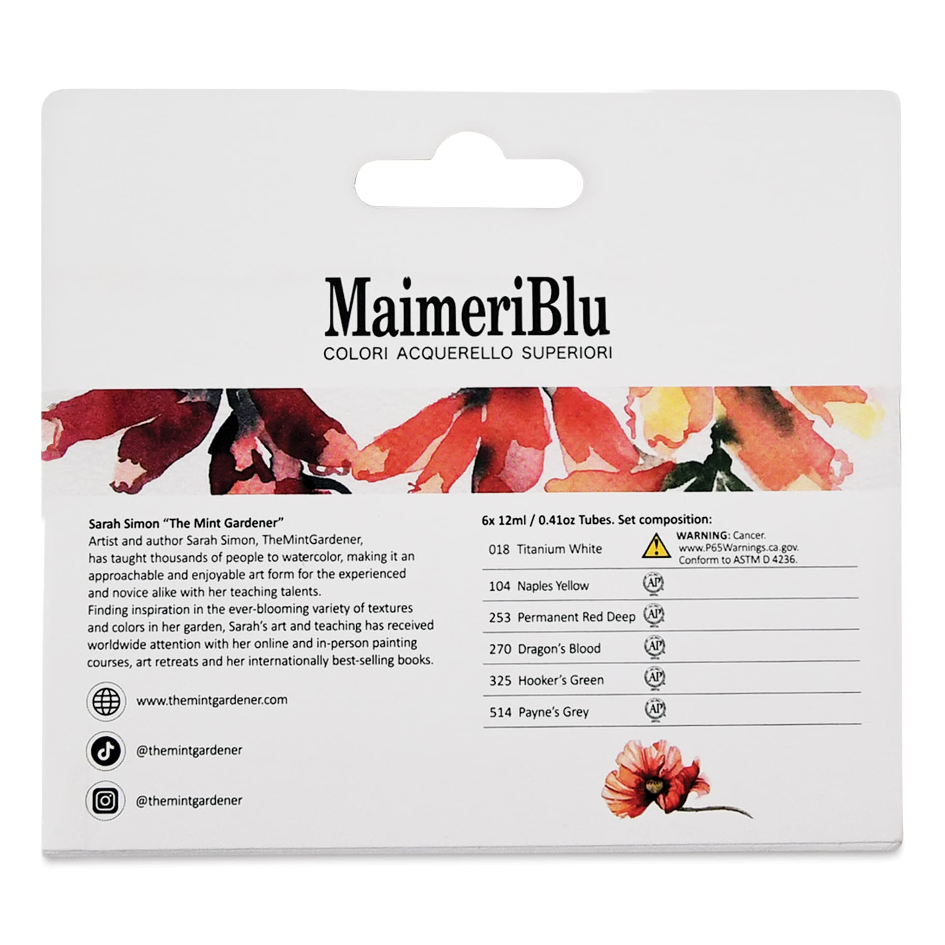 Maimeri Blu Artist Watercolors - Set of 6, Bloom Boldly with Sarah Simon TheMintGardener, 12 ml, back of package
