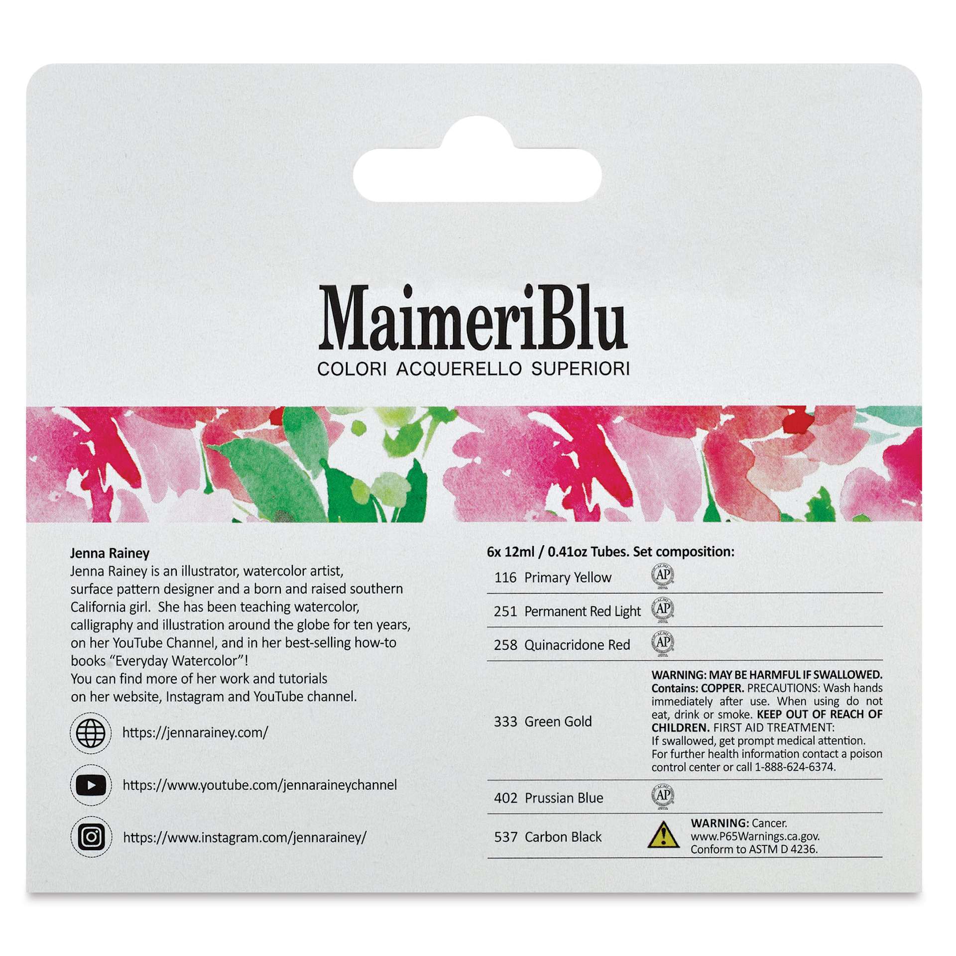 Maimeri Blu Artist Watercolor - Jenna Rainey Colors, Set of 6 back of box