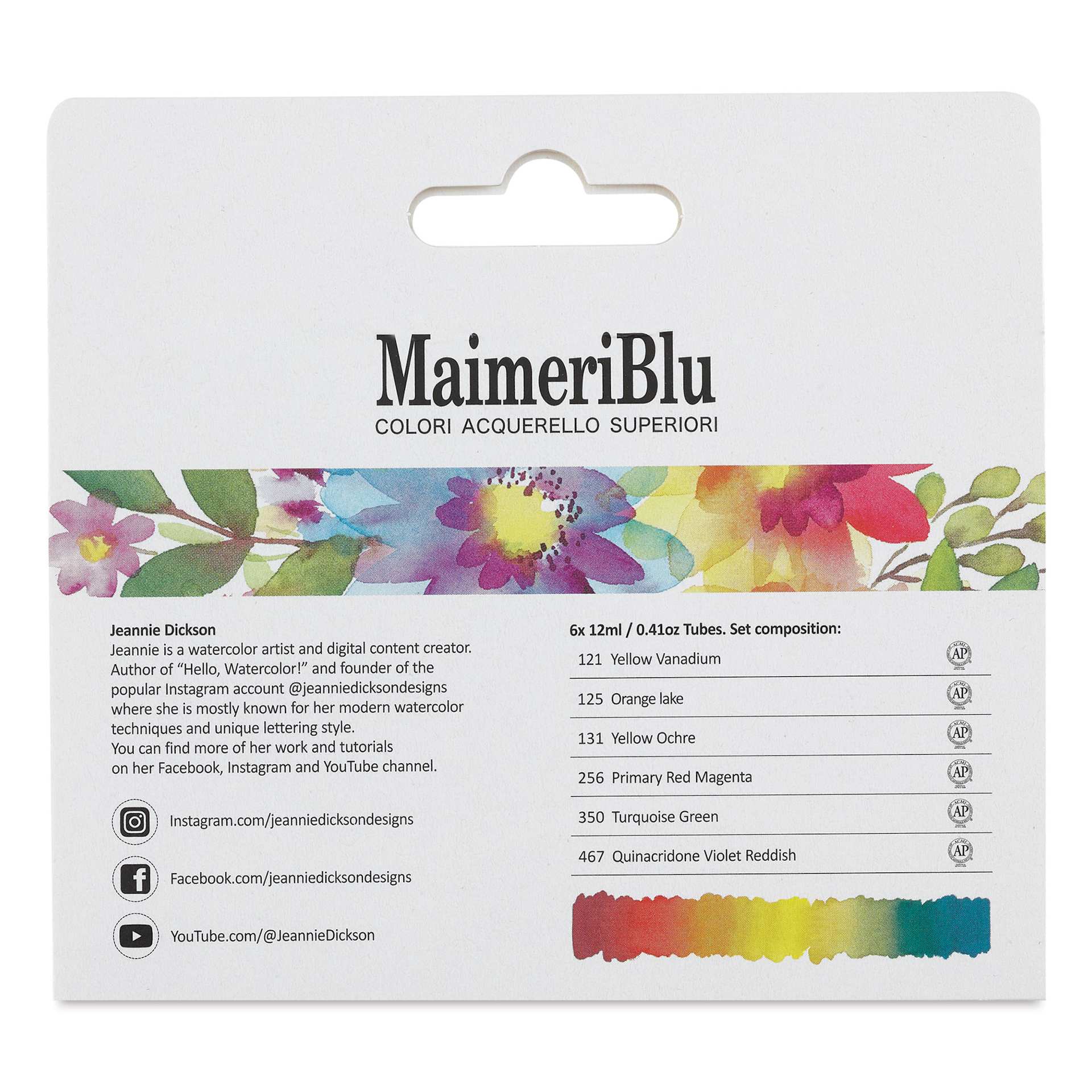 Maimeri Blu Artist Watercolor - Jeannie Dickson Artist Set of 6, 12 ml Tubes back of package