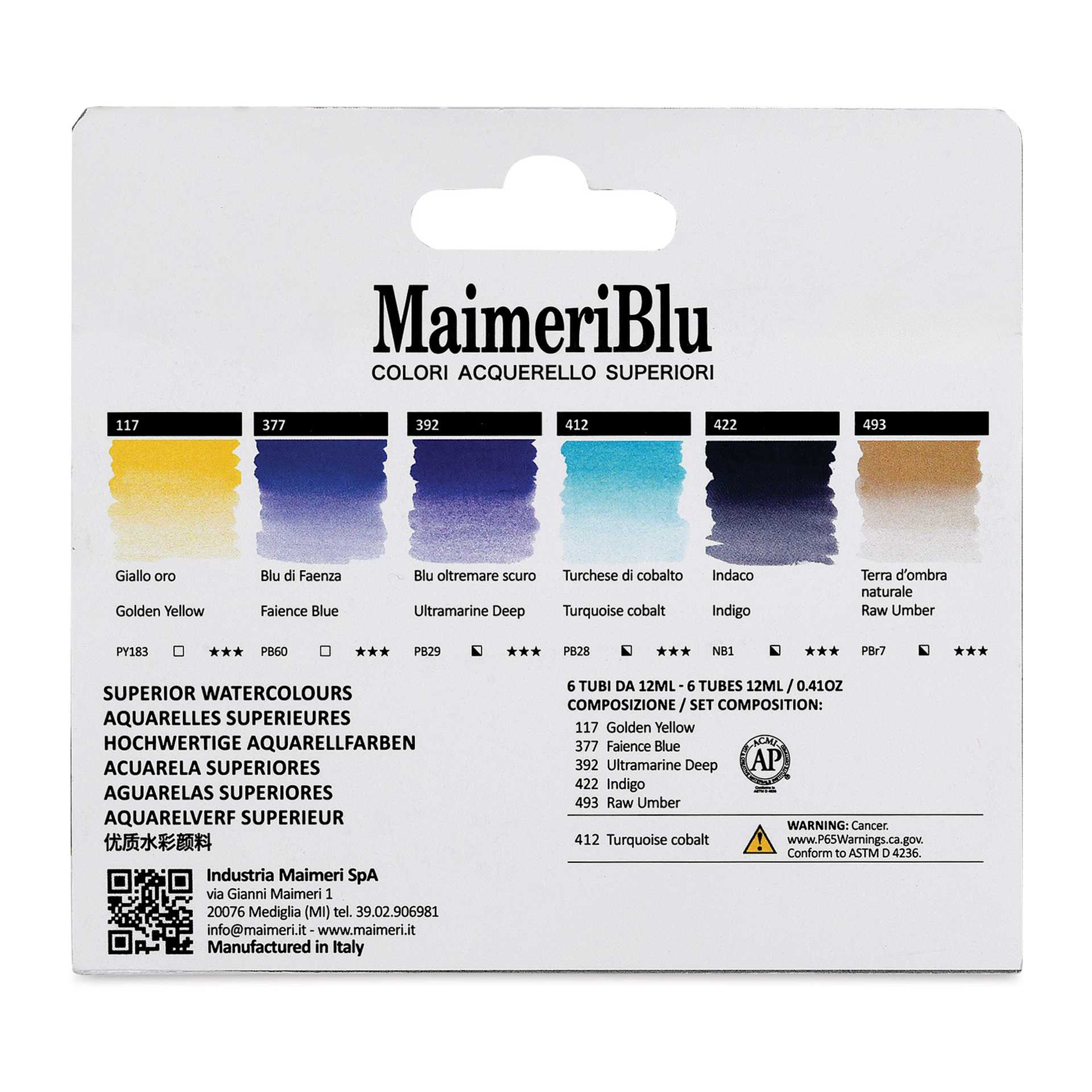 Maimeri Blu Artist Watercolor - Set of 6, Arctic, 12 ml Tubes back of package