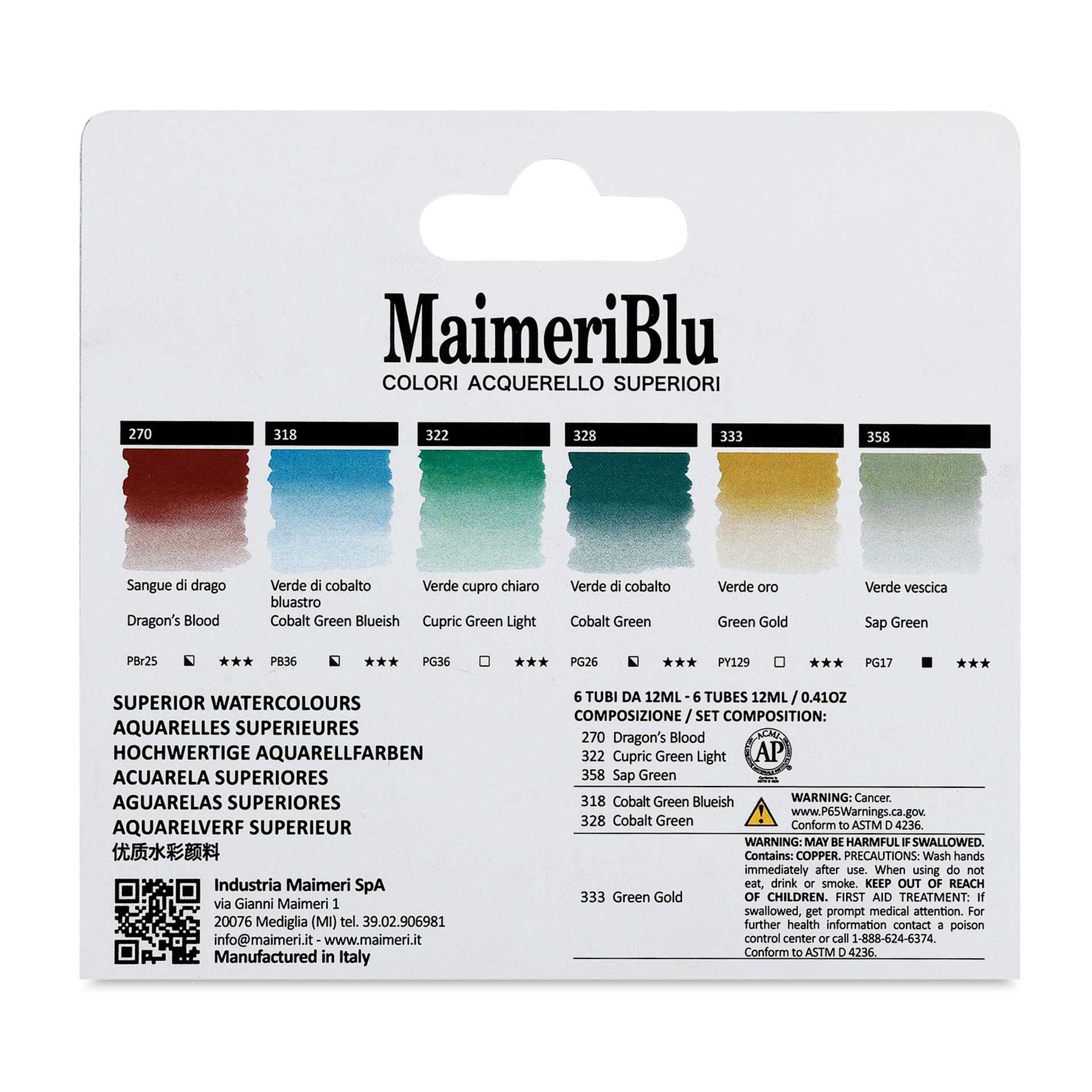 Maimeri Blu Artist Watercolor - Set of 6, Tuscany, 12 ml Tubes back of package