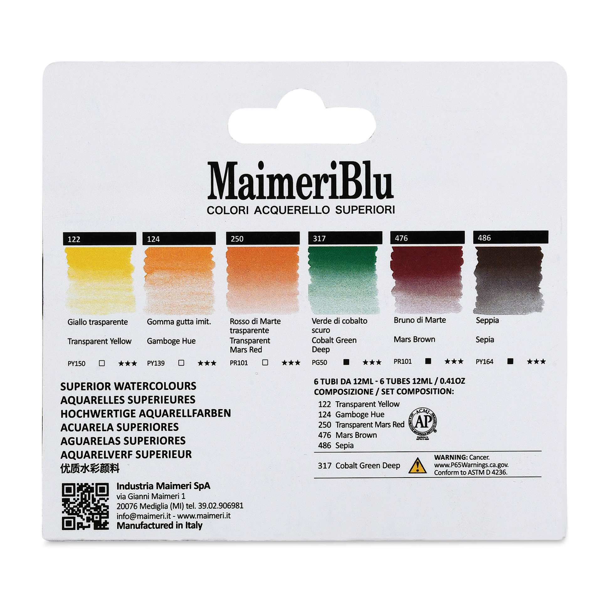 Maimeri Blu Artist Watercolor - Set of 6, Sahara, 12 ml Tubes back of package