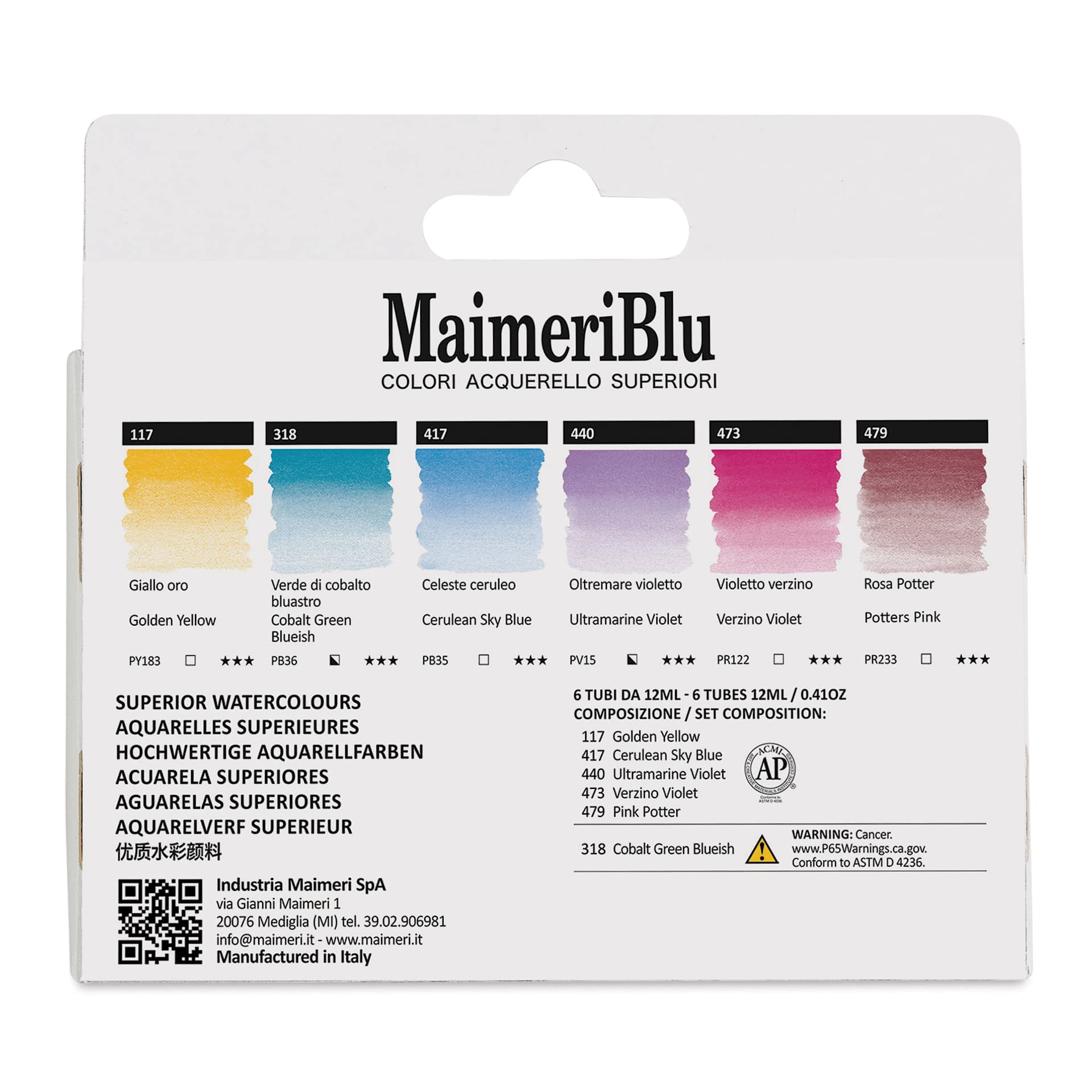 Maimeri Blu Artist Watercolor - Set of 6, Provence, 12 ml Tubes back of package