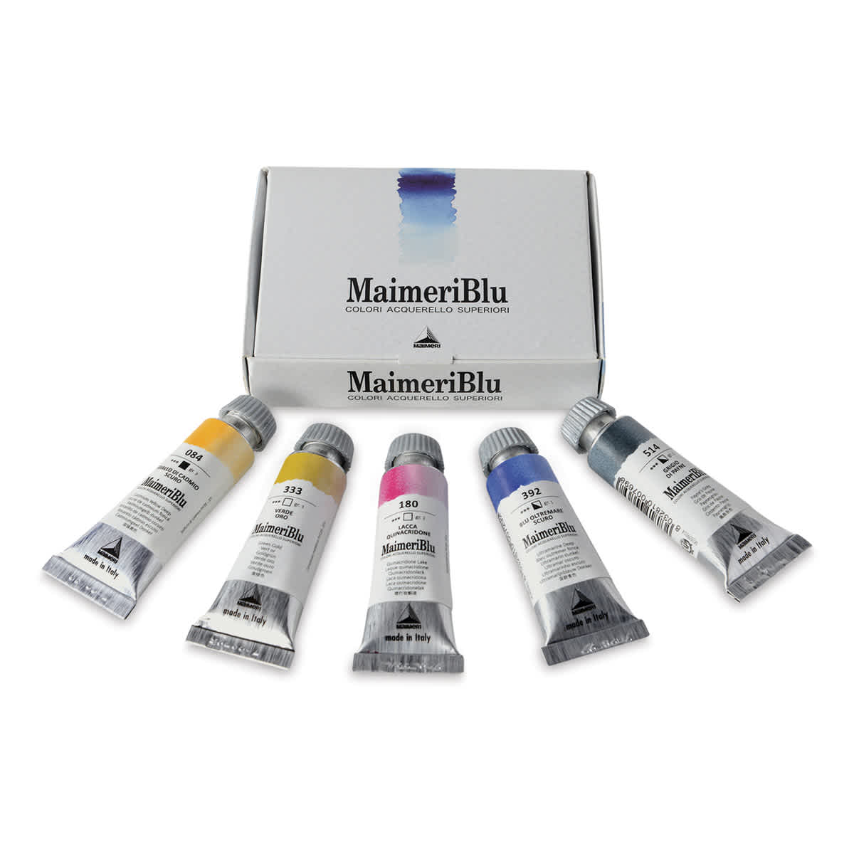Maimeri Blu Artist Watercolor - Introduction Set of 5 Assorted Colors arranged in fan with package