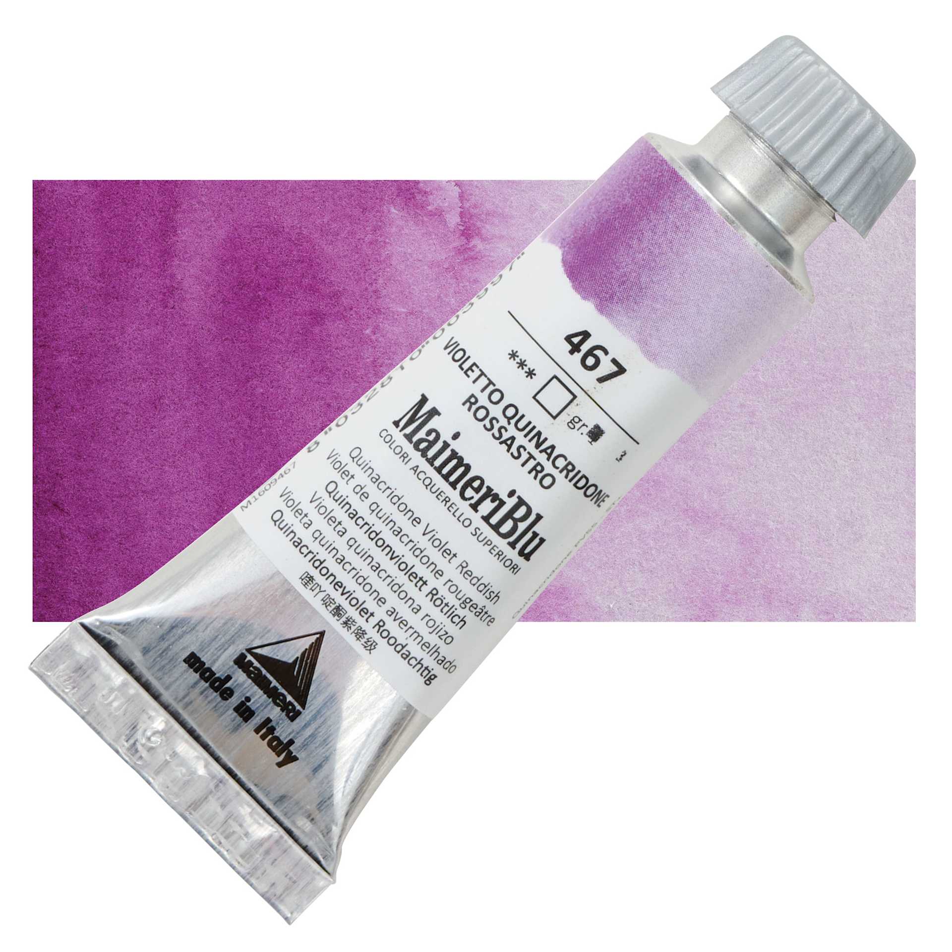 Maimeri Blu Artist Watercolor - Quinacridone Violet Reddish, 12 ml Tube and swatch