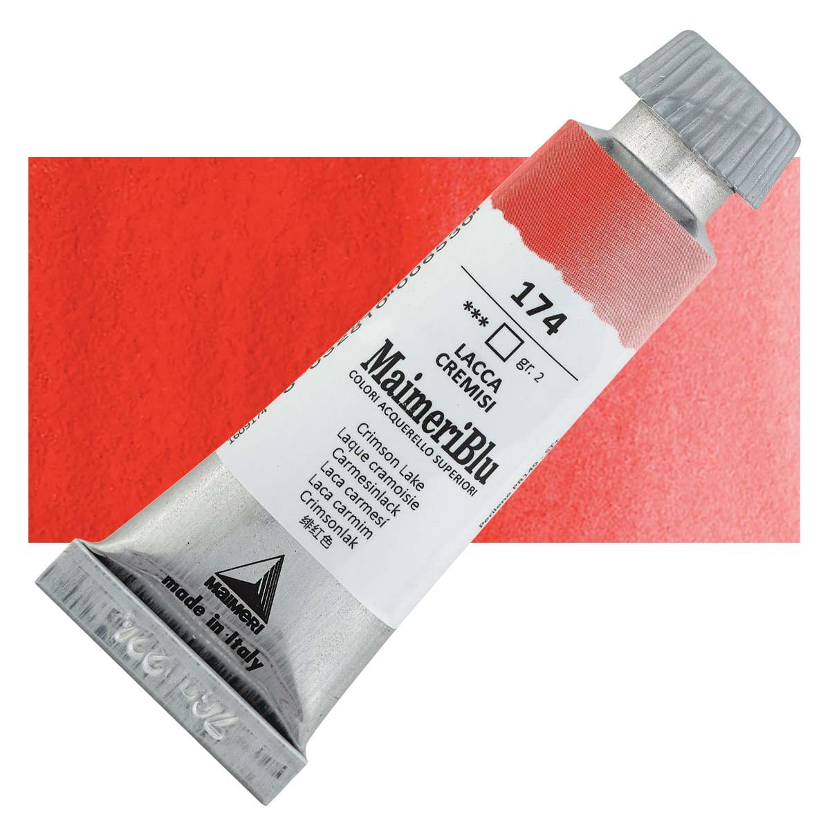 Maimeri Blu Artist Watercolor - Crimson Lake, 12 ml Tube and swatch