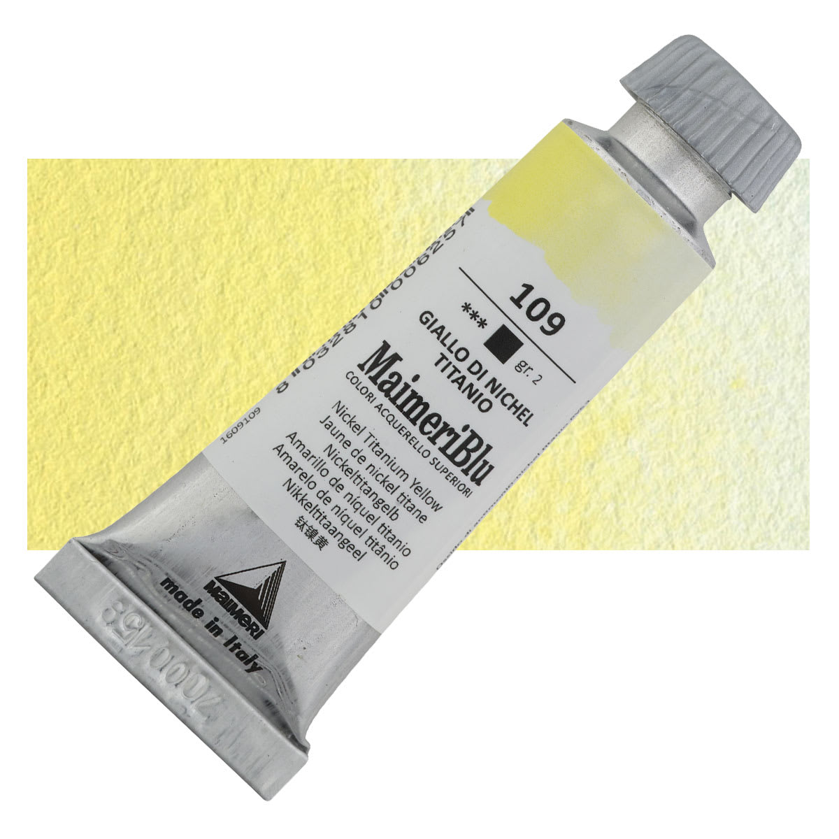 Maimeri Blu Artist Watercolor - Nickel Titanium Yellow, 12 ml Tube and swatch