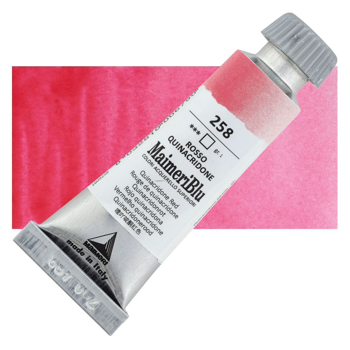 Maimeri Blu Artist Watercolor - Quinacridone Red, 12 ml Tube and swatch