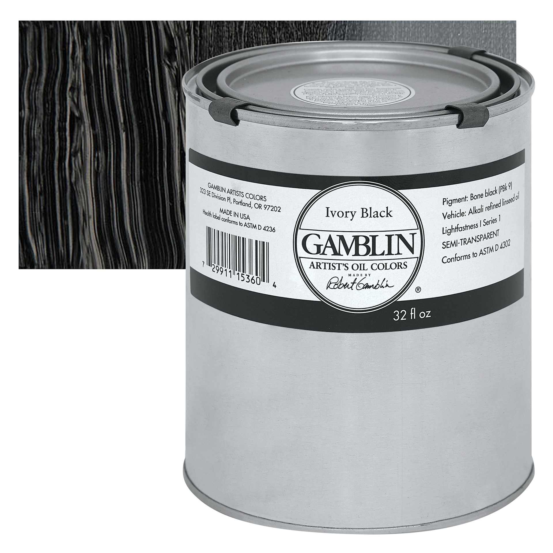 Gamblin Artist's Oil Color - Ivory Black, 32 oz Can and swatch