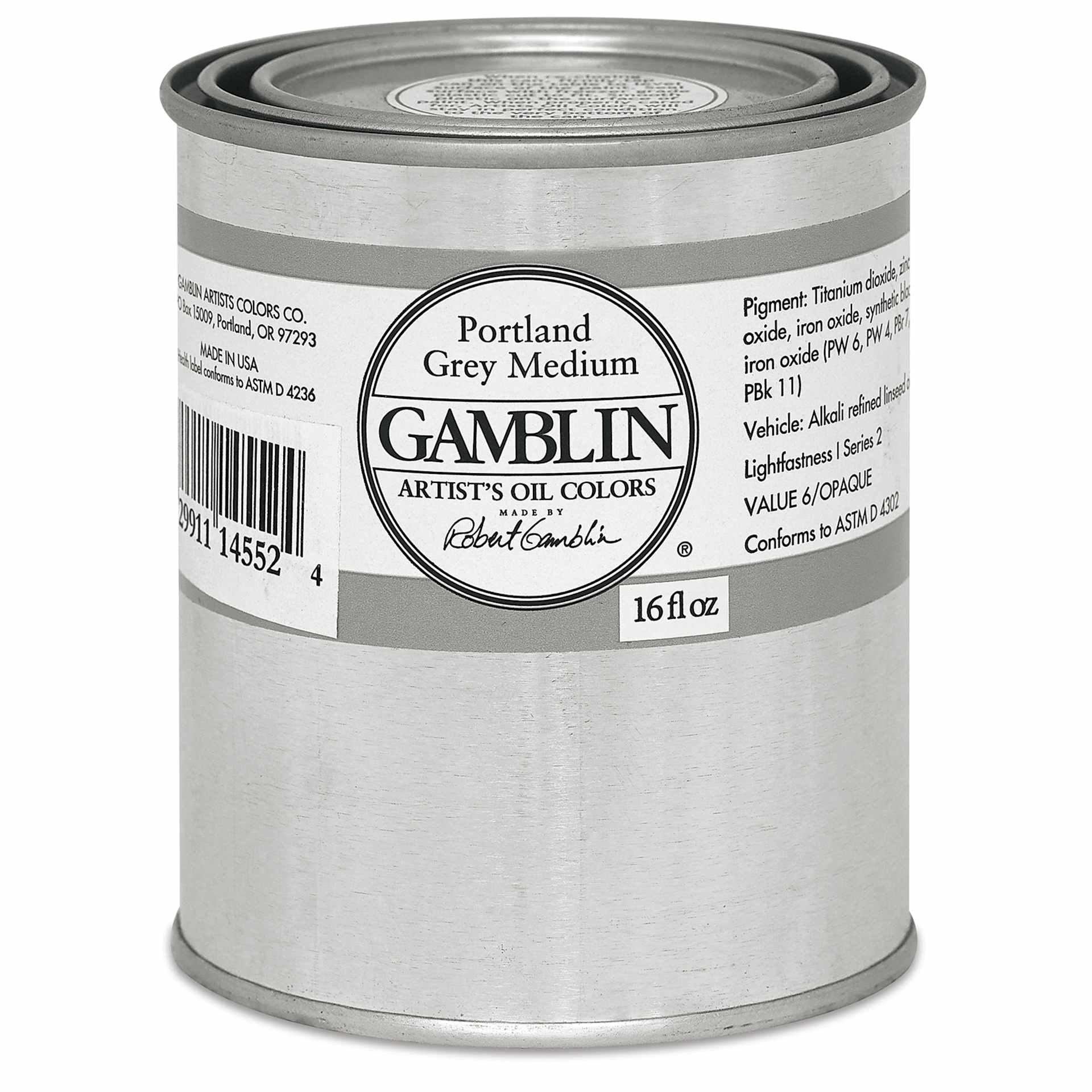 Gamblin Artist's Oil Color - Portland Grey Medium, 16 oz Can