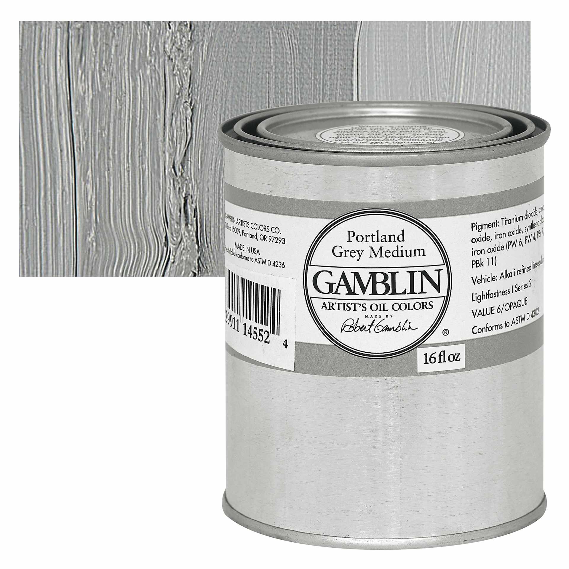 Gamblin Artist's Oil Color - Portland Grey Medium, 16 oz Can and swatch