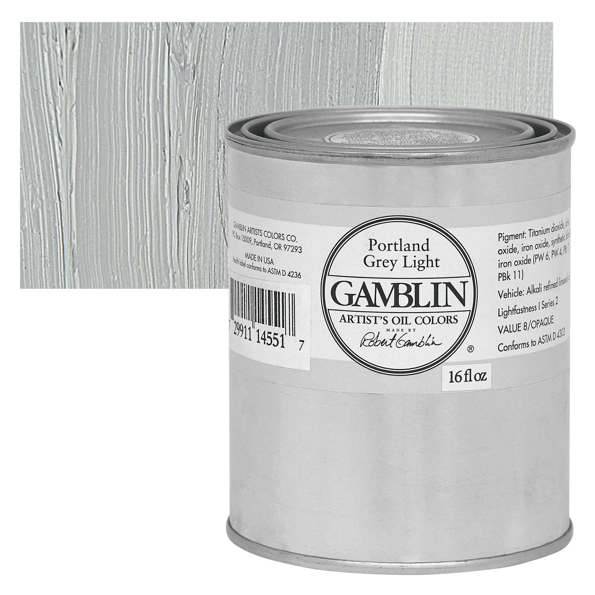 Gamblin Artist's Oil Color - Portland Grey Light, 16 oz Can and swatch