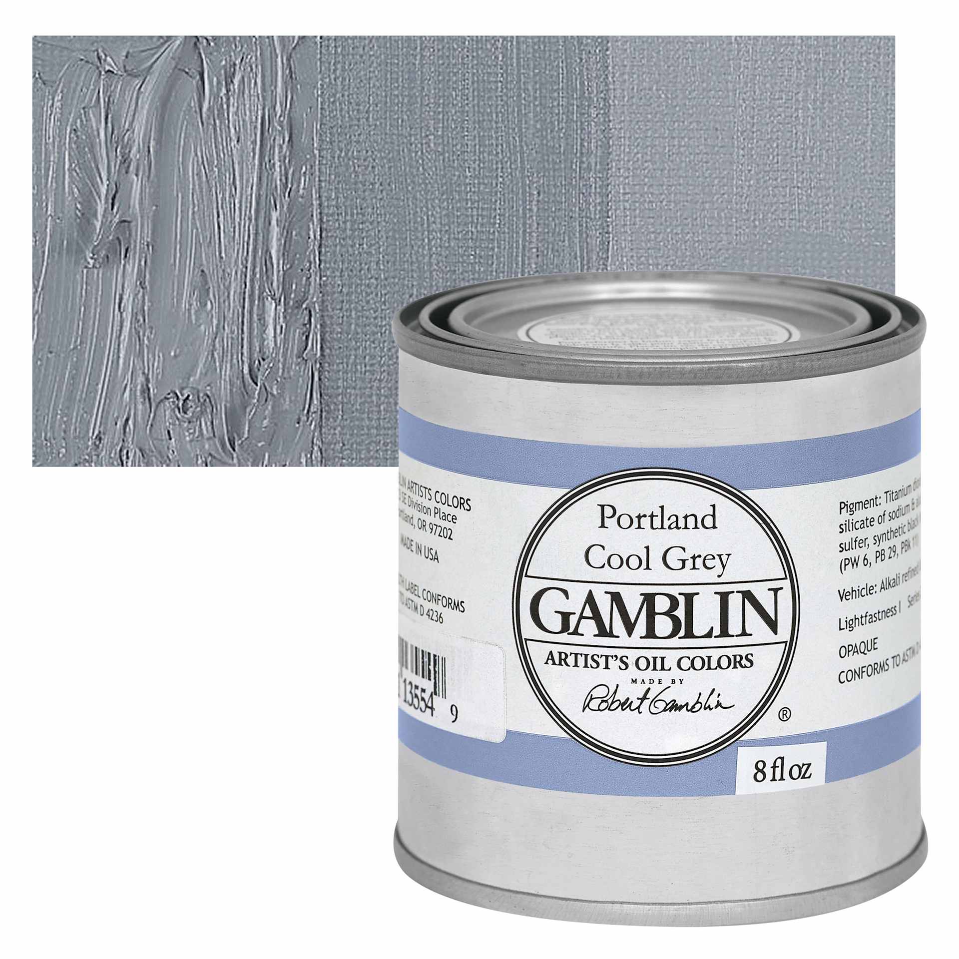 Gamblin Artists' Oil Color - Portland Cool Grey, 8 oz can and swatch