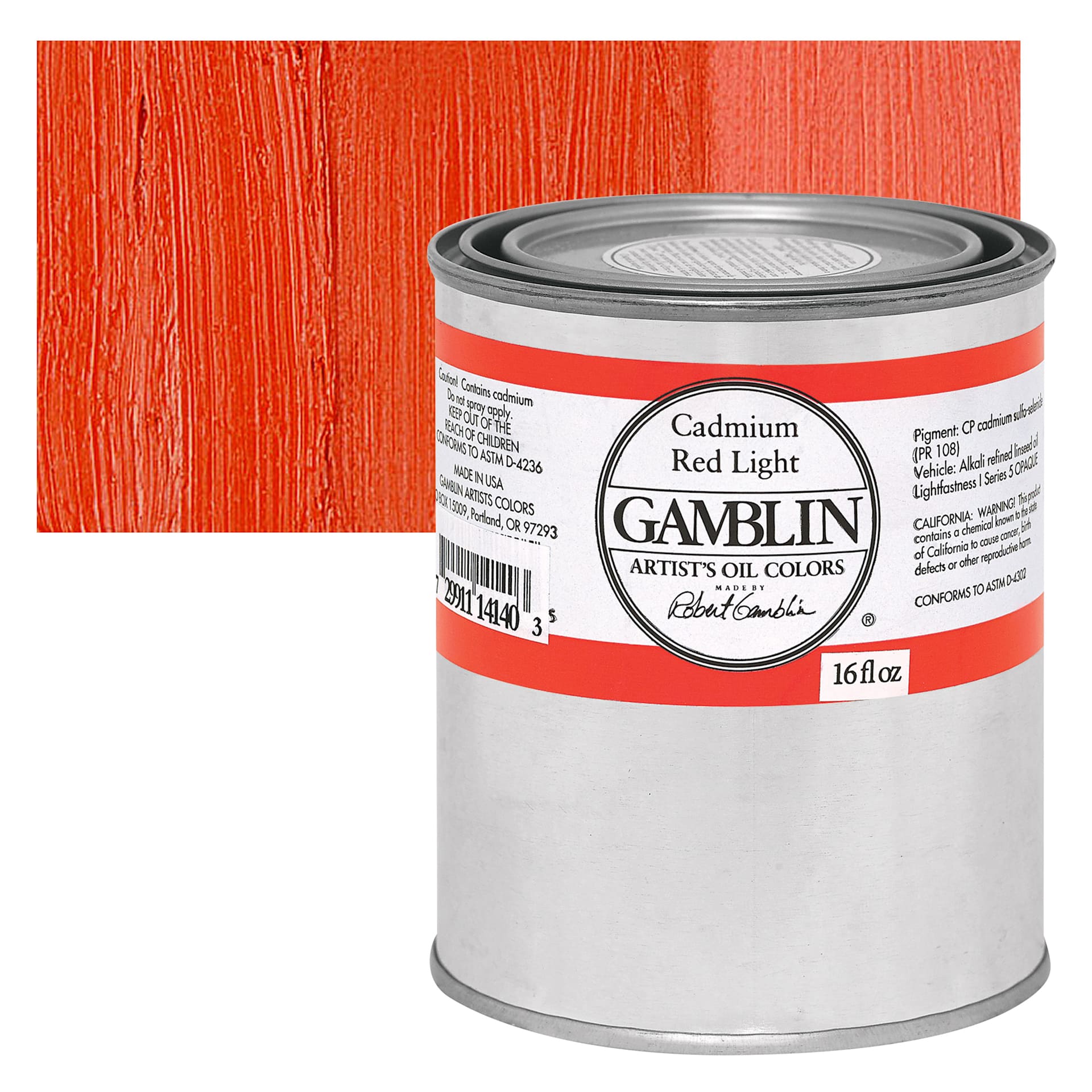 Gamblin Artist's Oil Color - Cadmium Red Light, 16 oz Can and swatch