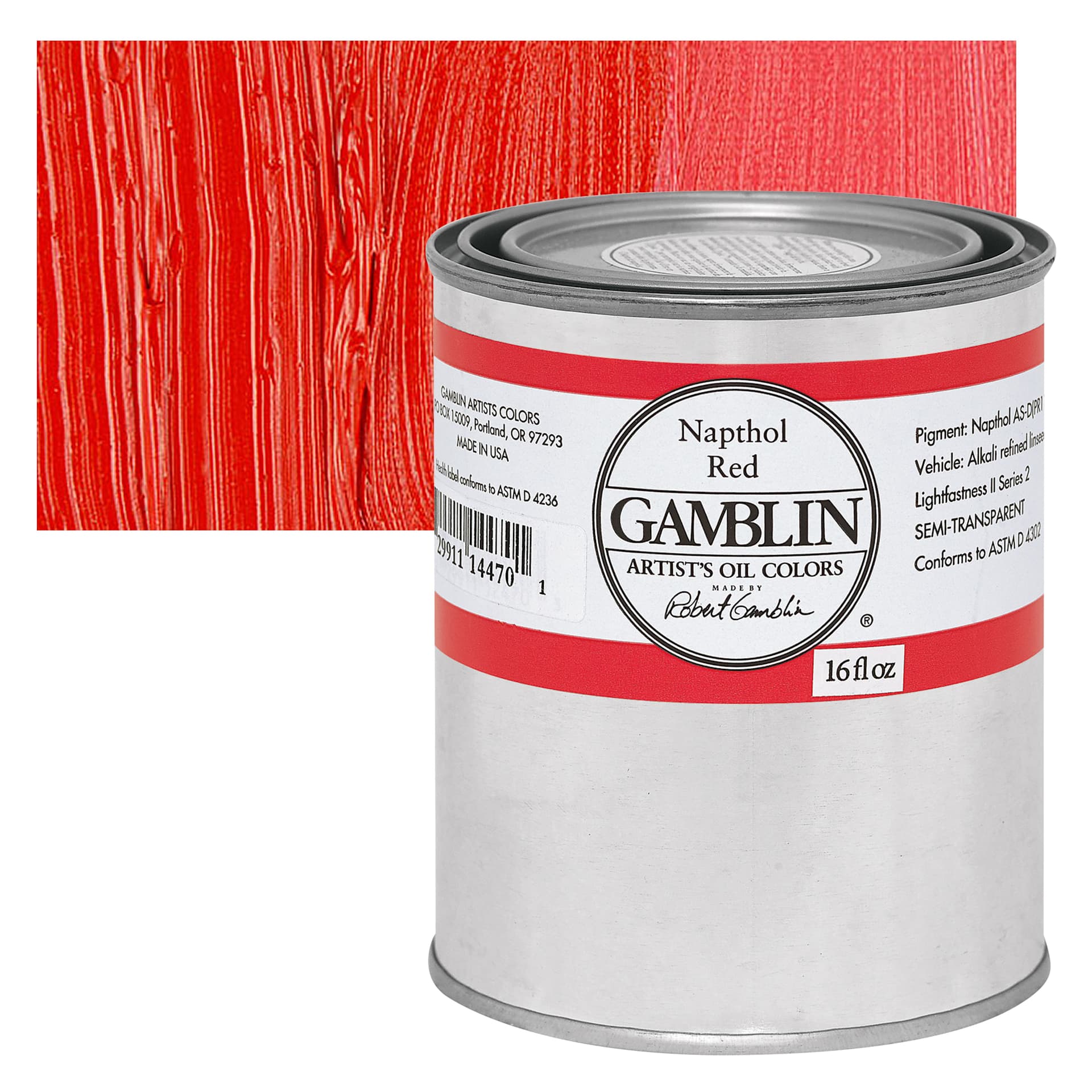 Gamblin Artist's Oil Color - Naphthol Red, 16 oz Can and swatch