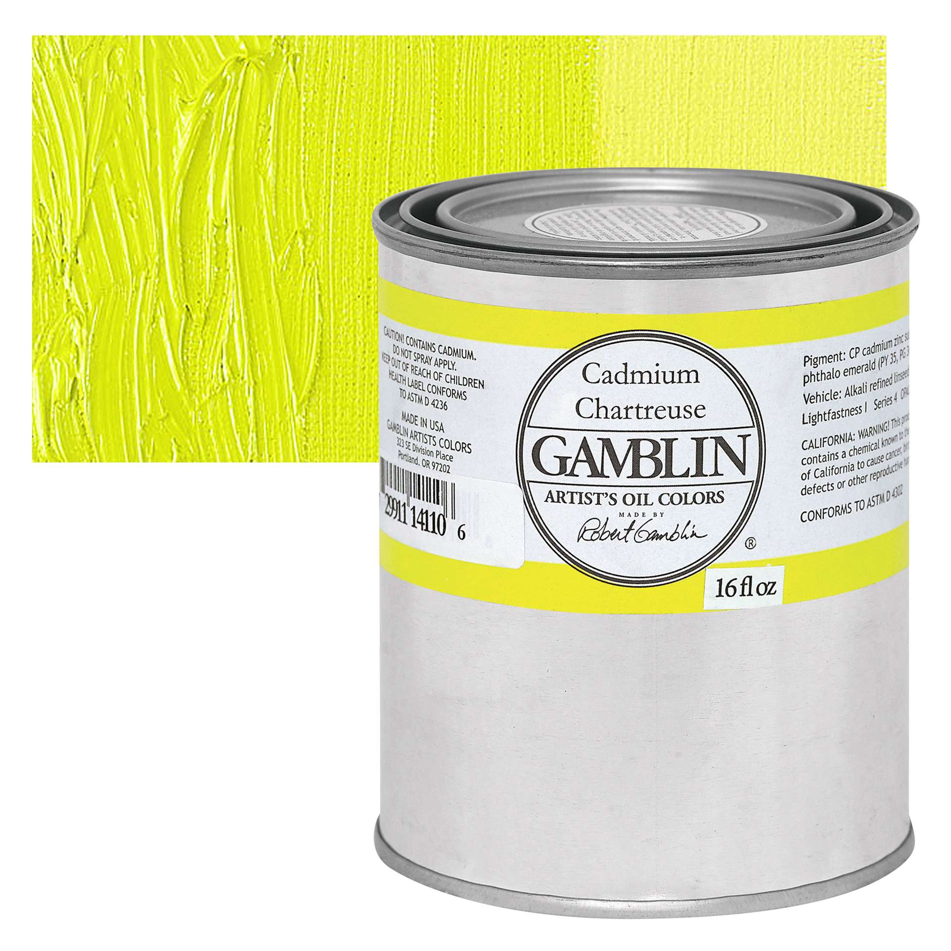 Gamblin Artist's Oil Color - Cadmium Chartreuse, 16 oz can and swatch