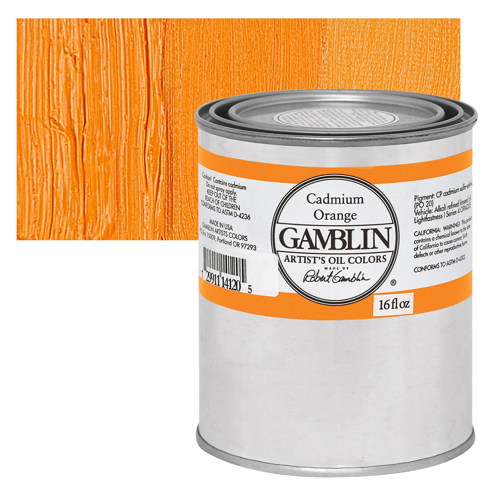 Gamblin Artist's Oil Color - Cadmium Orange, 16 oz Can and swatch