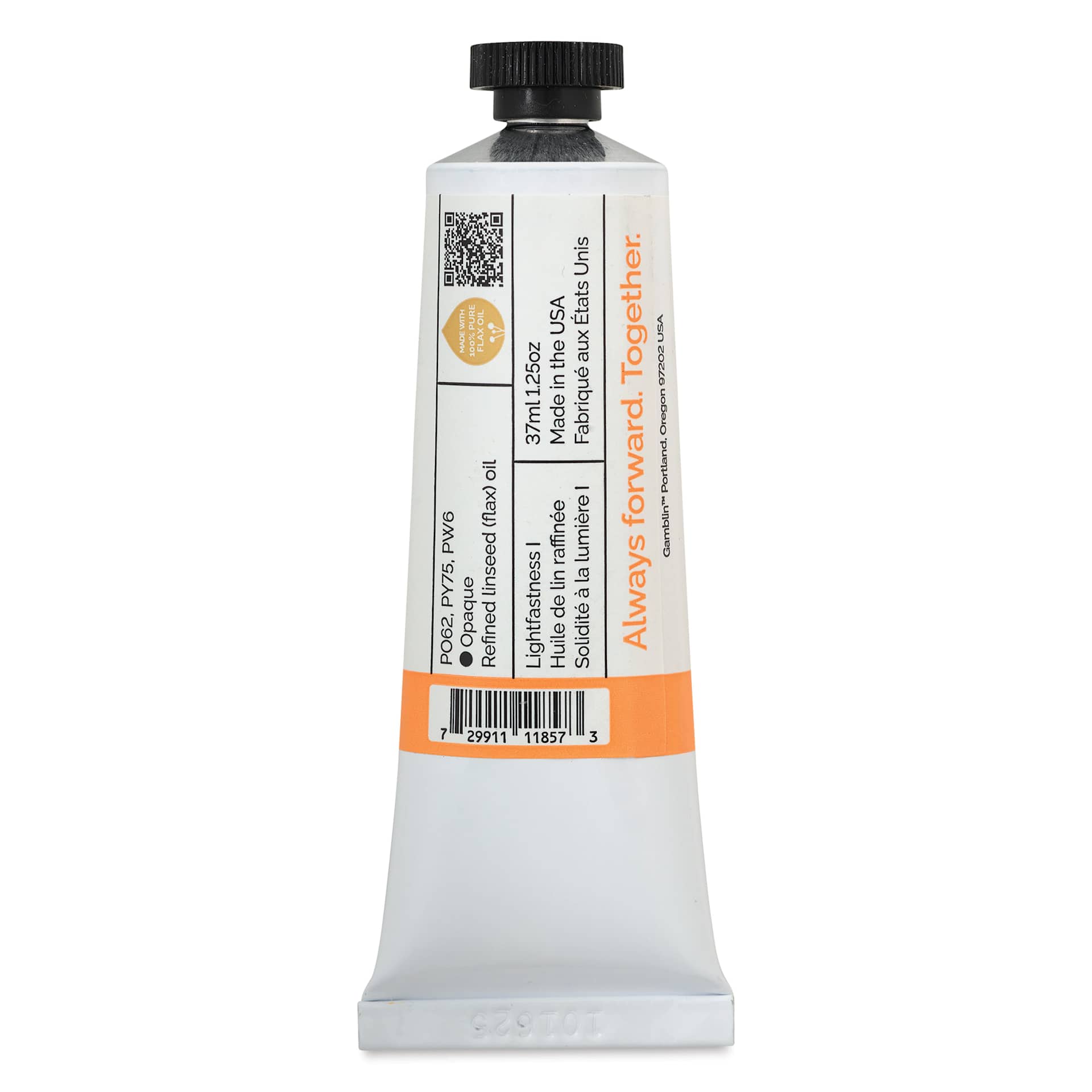 Back of Gamblin Artist's Oil Color - Radiant Orange, 37 ml tube