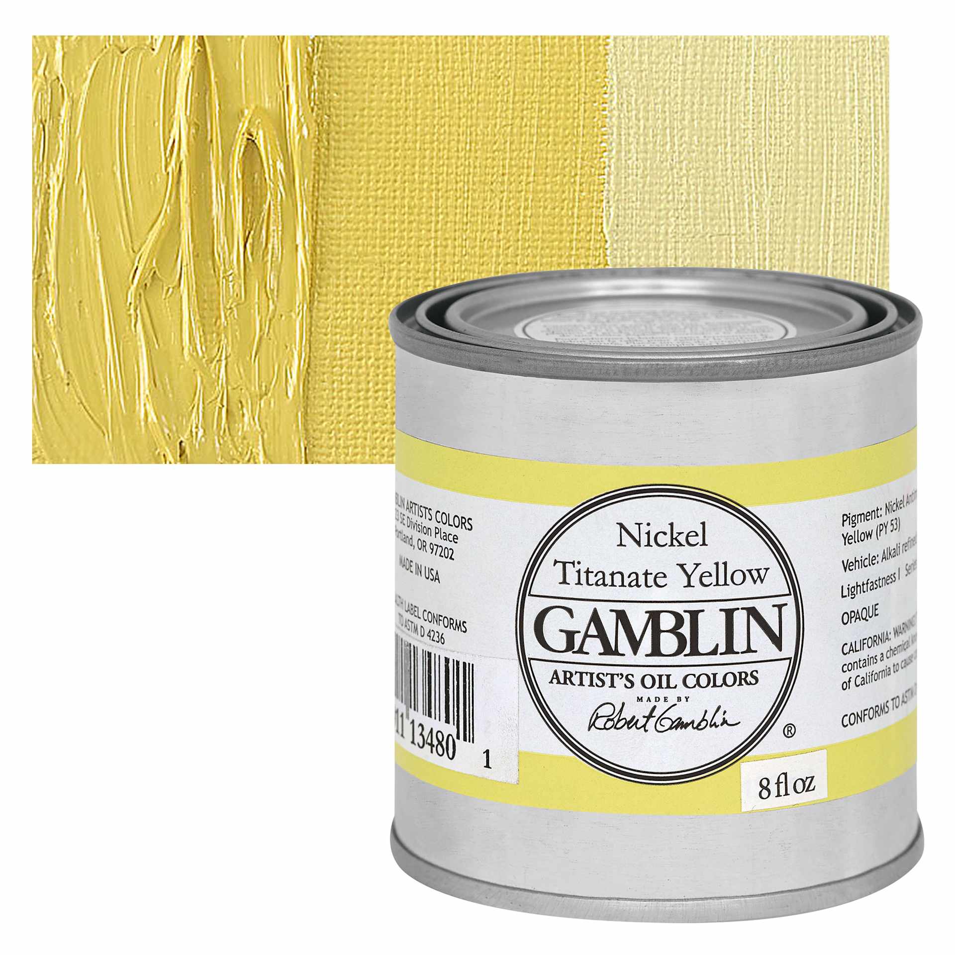 Gamblin Artist's Oil Color - Nickel Titanate Yellow, 8 oz can and swatch