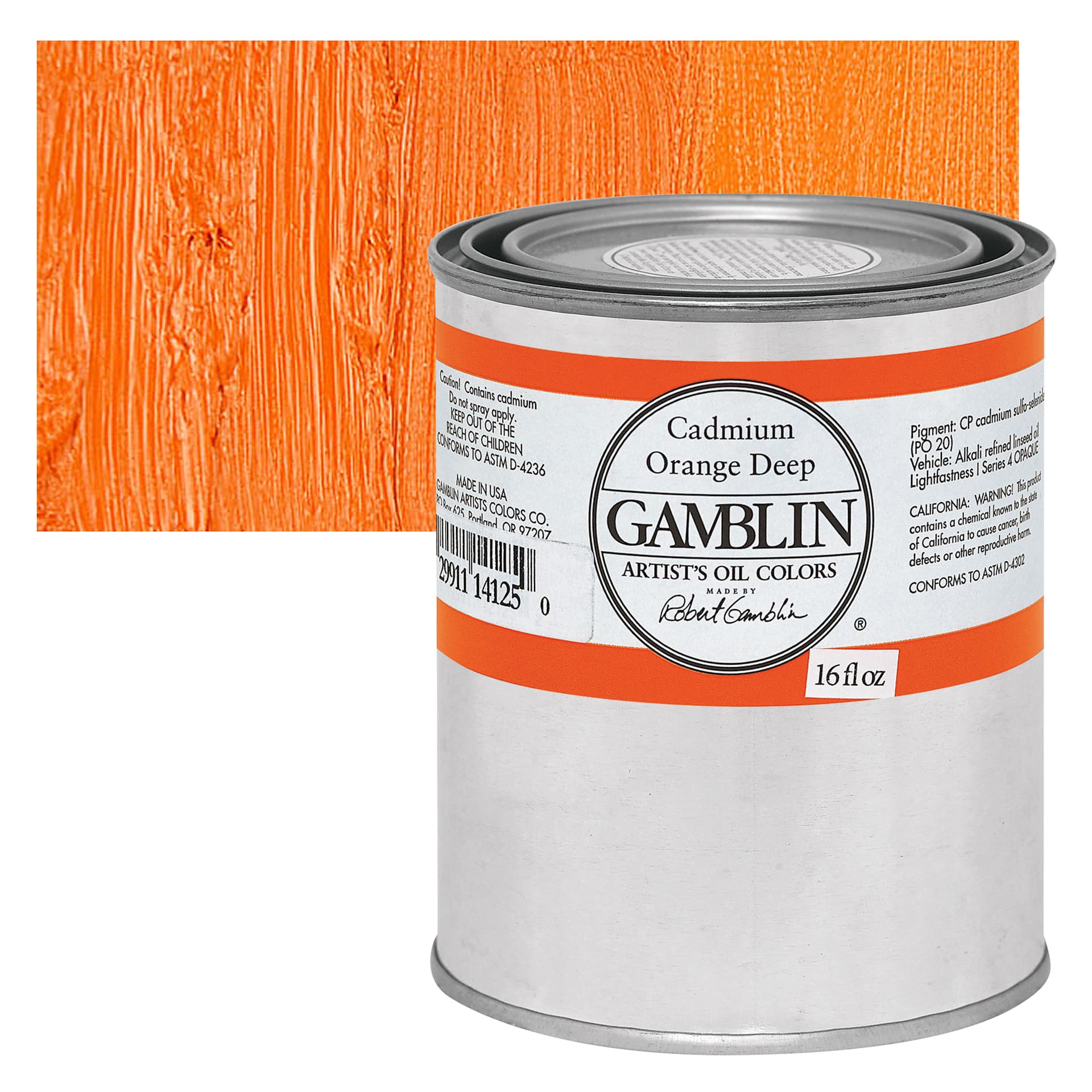 Gamblin Artist's Oil Color - Cadmium Orange Deep, 16 oz Can and swatch