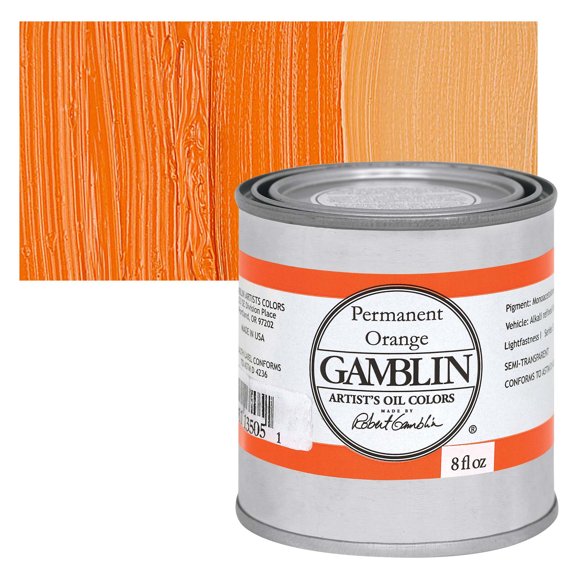 Gamblin Artist's Oil Color - Permanent Orange, 8 oz Can and swatch