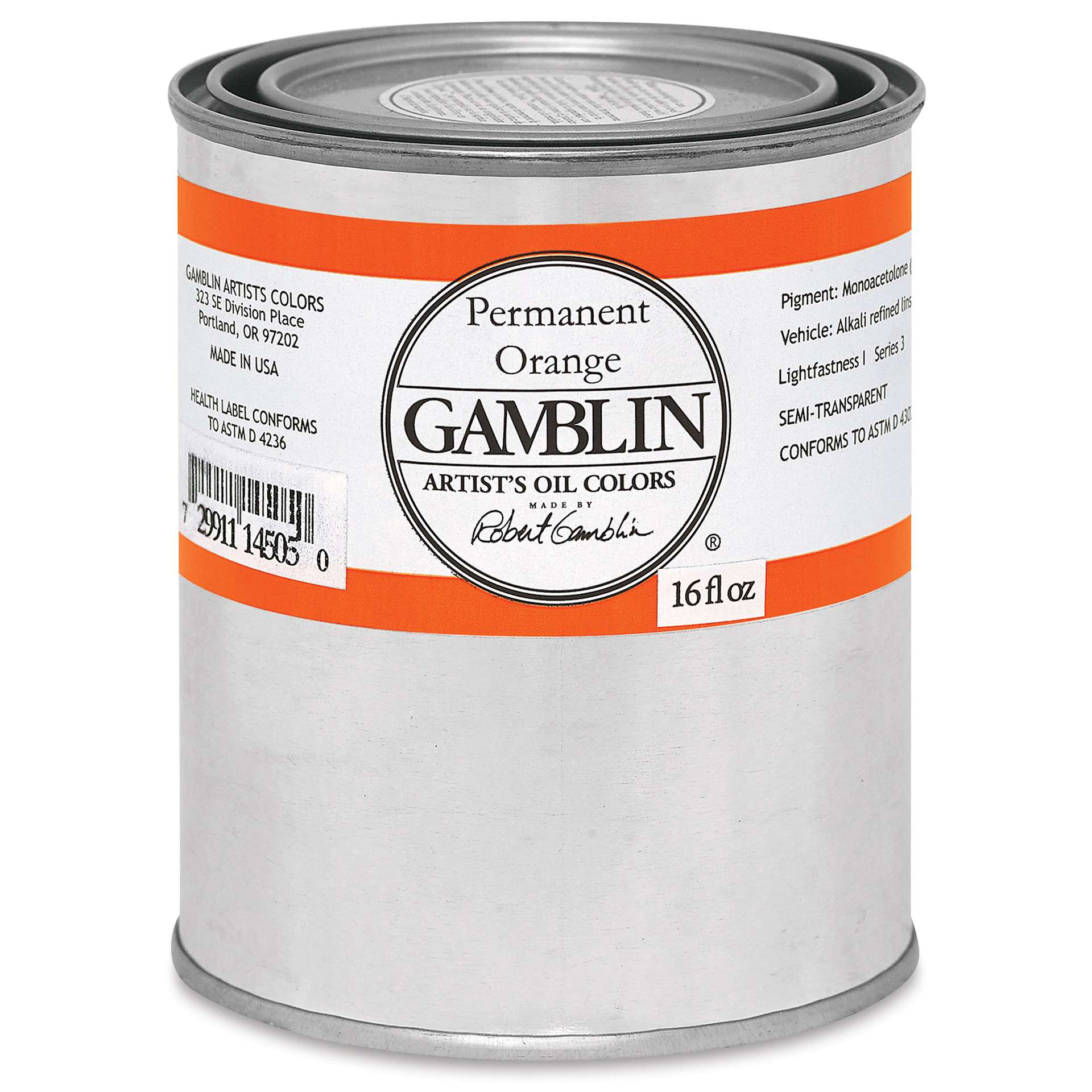 Gamblin Artist's Oil Color - Permanent Orange, 16 oz Can