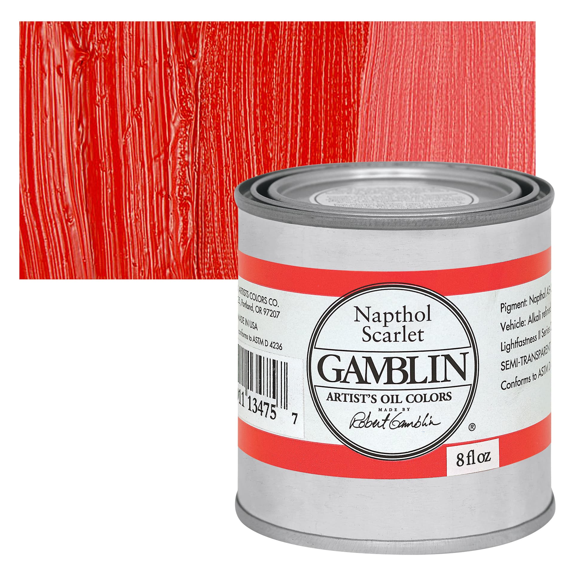 Gamblin Artist's Oil Color - Naphthol Scarlet, 8 oz Can and swatch
