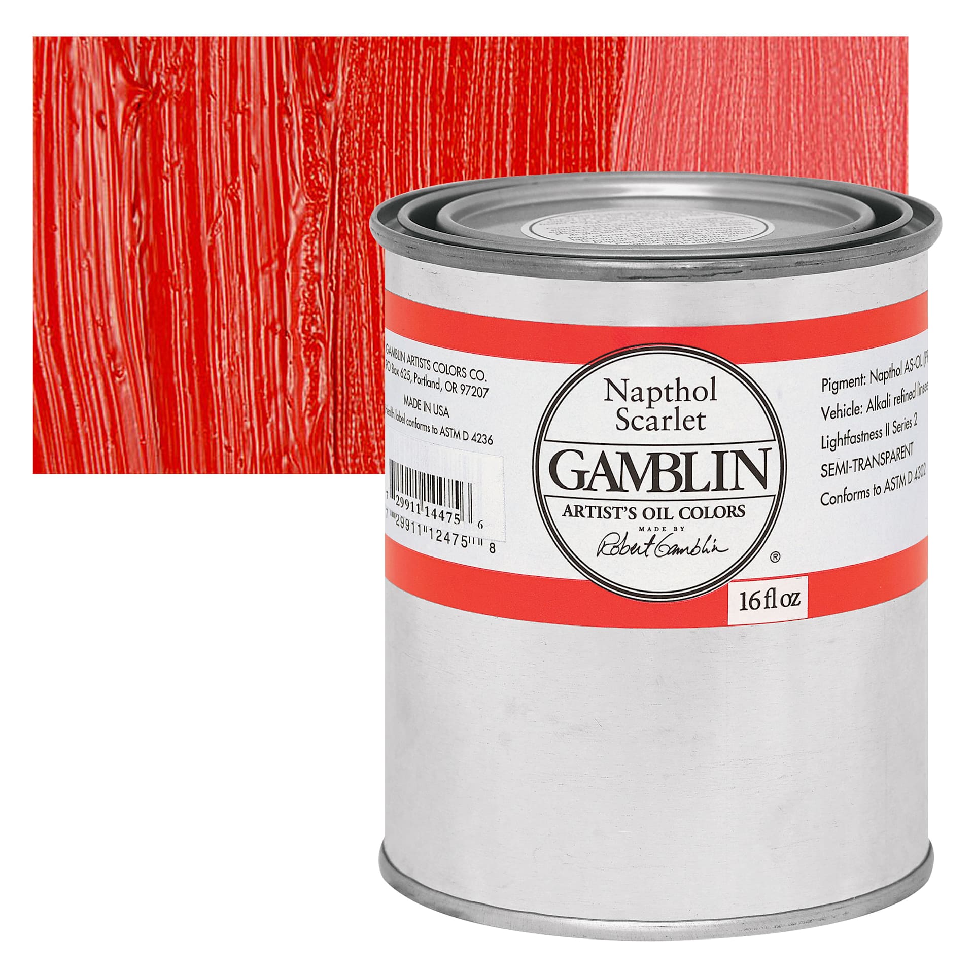 Gamblin Artist's Oil Color - Naphthol Scarlet, 16 oz Can and swatch