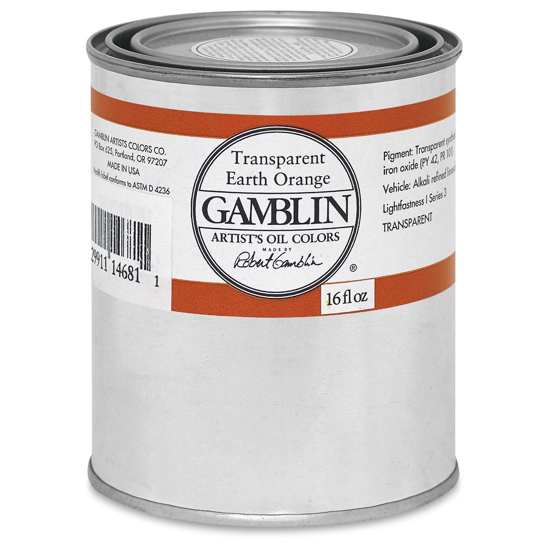 Gamblin Artist's Oil Color - Transparent Earth Orange, 16 oz can