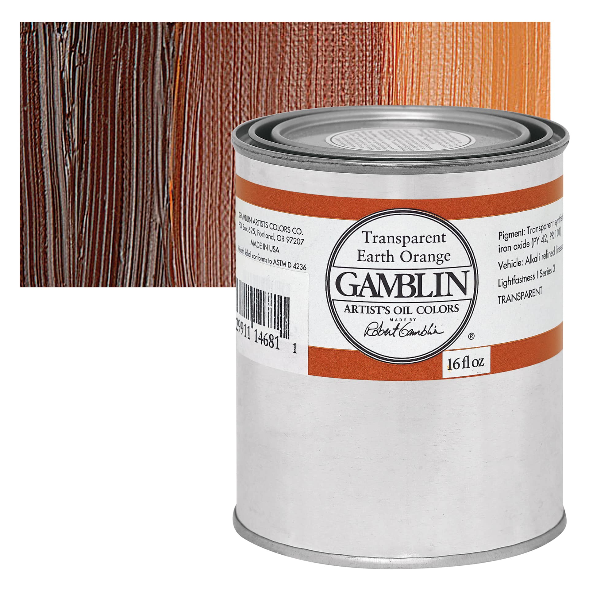 Gamblin Artist's Oil Color - Transparent Earth Orange, 16 oz can and swatch
