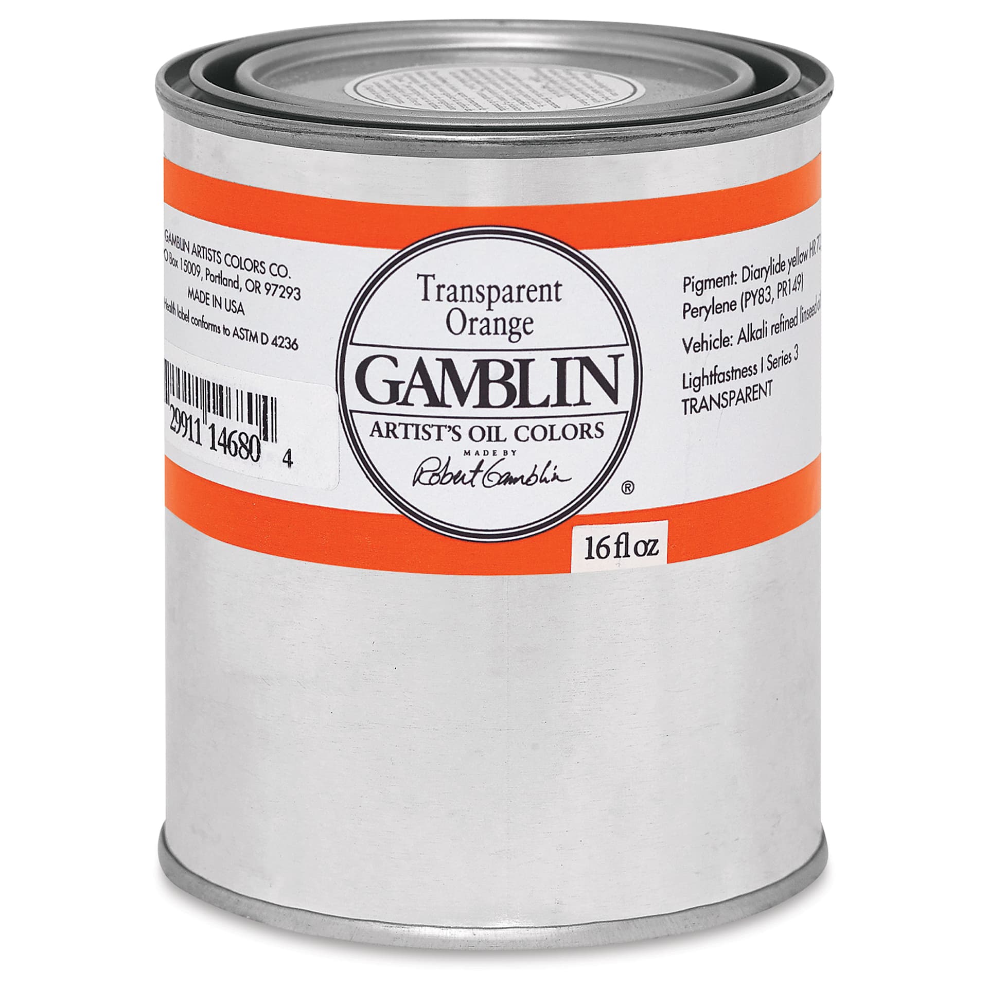 Gamblin Artist's Oil Color - Transparent Orange, 16 oz Can
